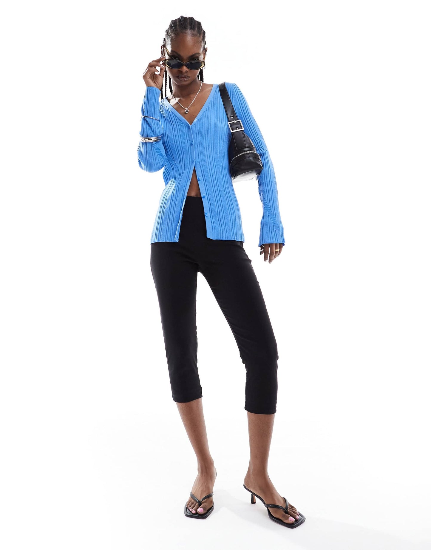 Monki longline mixed rib cardigan in blue