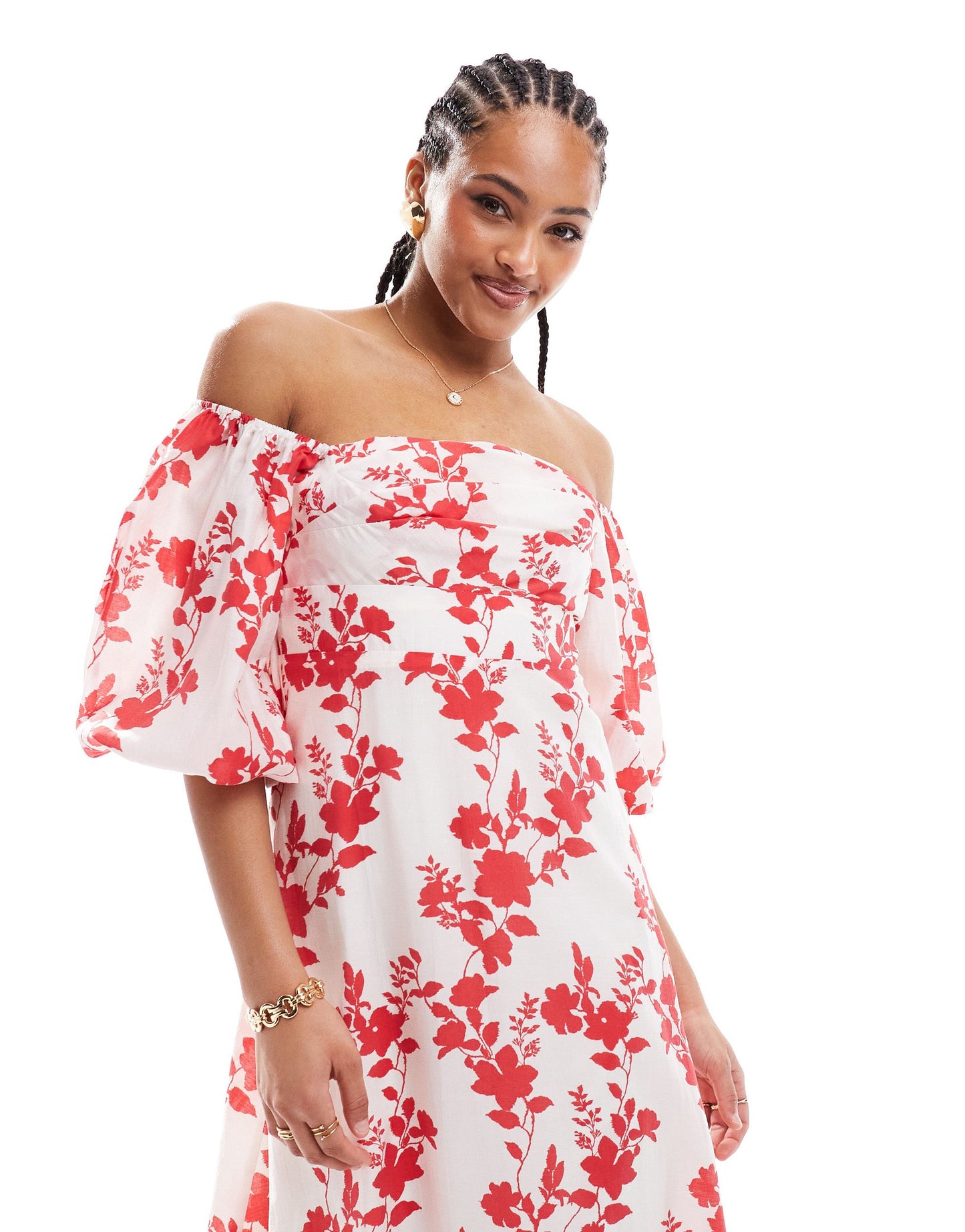 Nobody's Child Maxine bardot balloon sleeve midaxi dress in large red floral