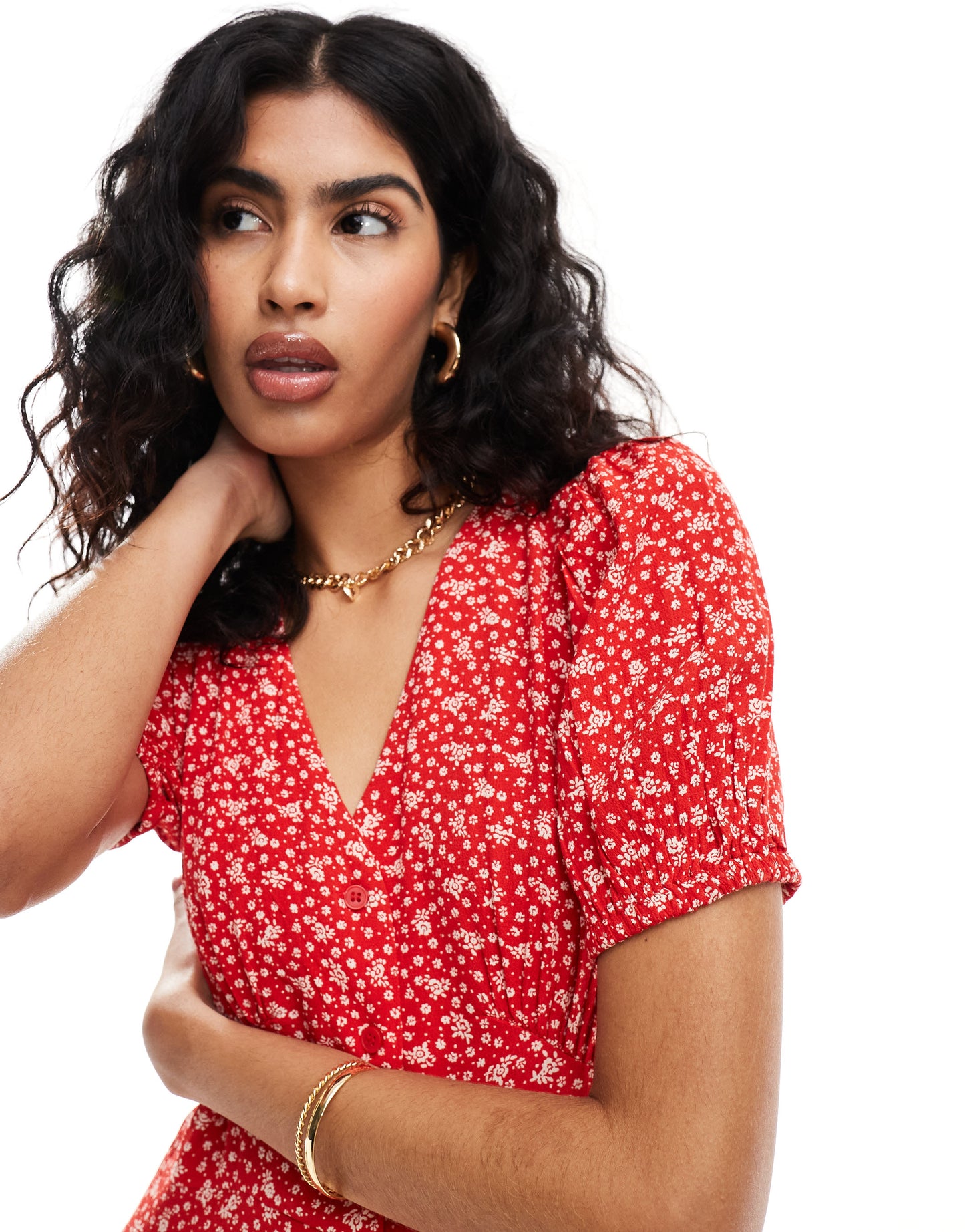 & Other Stories button through mini dress in red ditsy floral