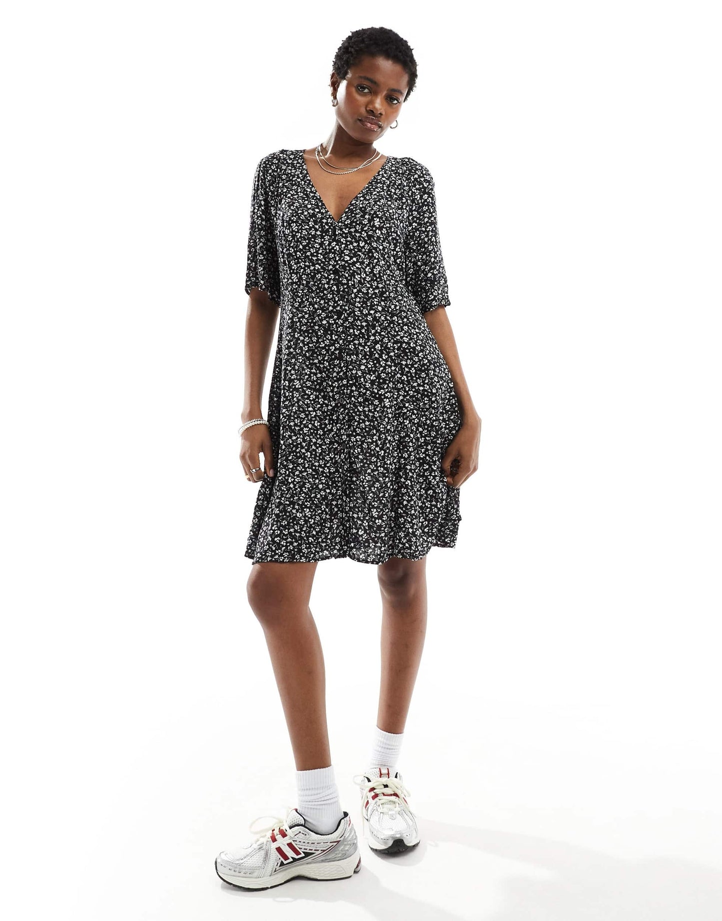 Monki button through mini dress in black and white floral print