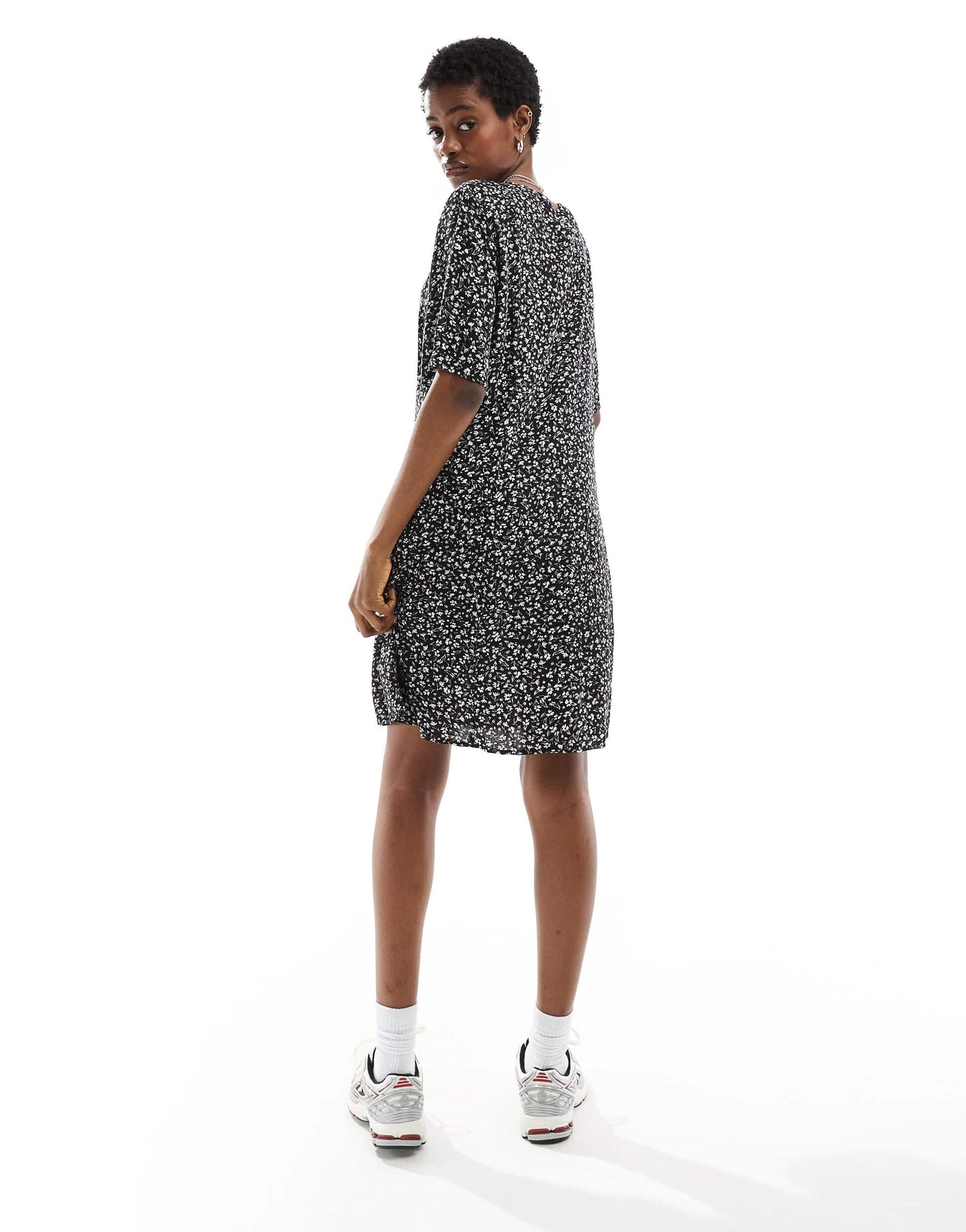 Monki button through mini dress in black and white floral print