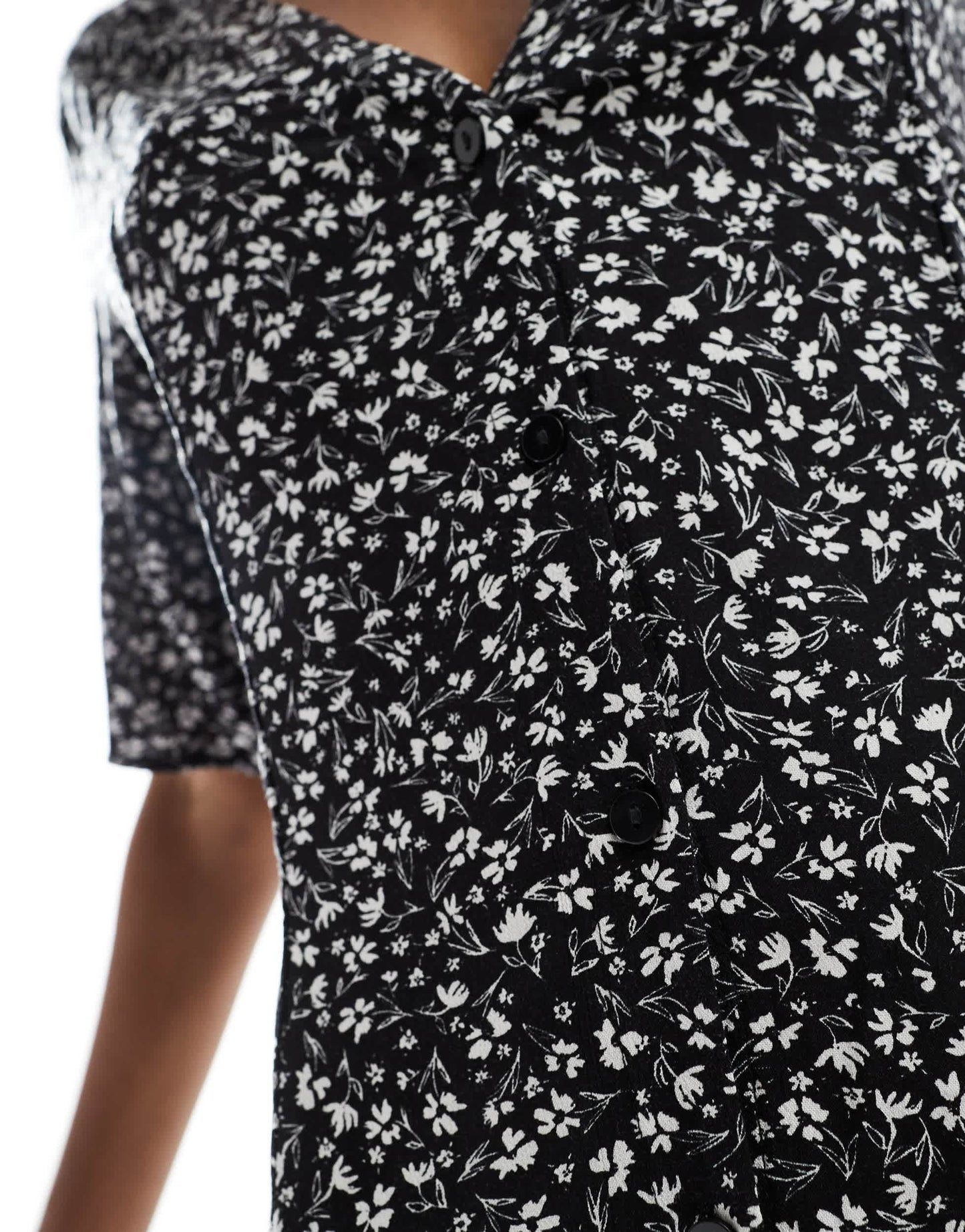 Monki button through mini dress in black and white floral print