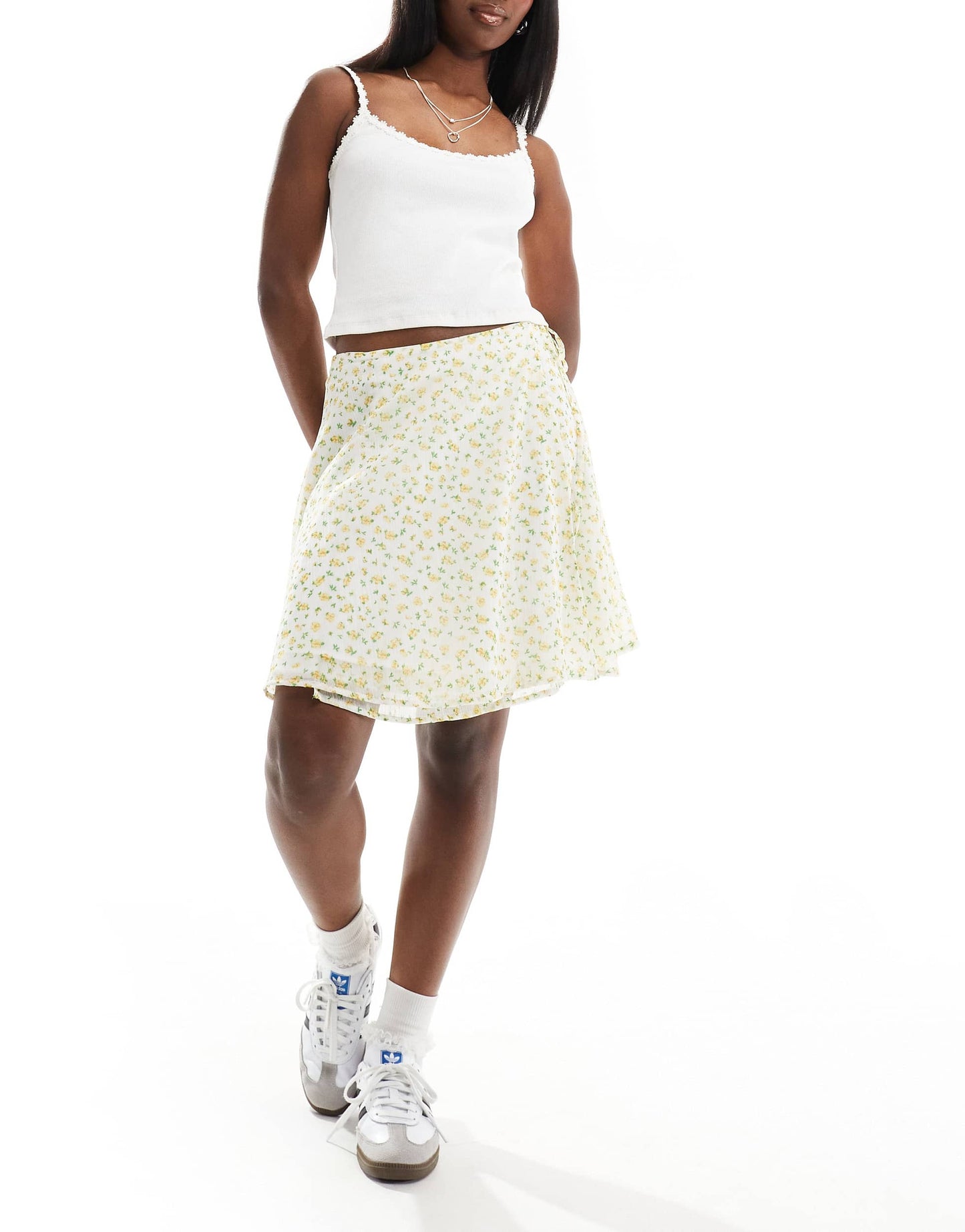 Wednesday's Girl floral print tie detail mini skirt in white and yellow