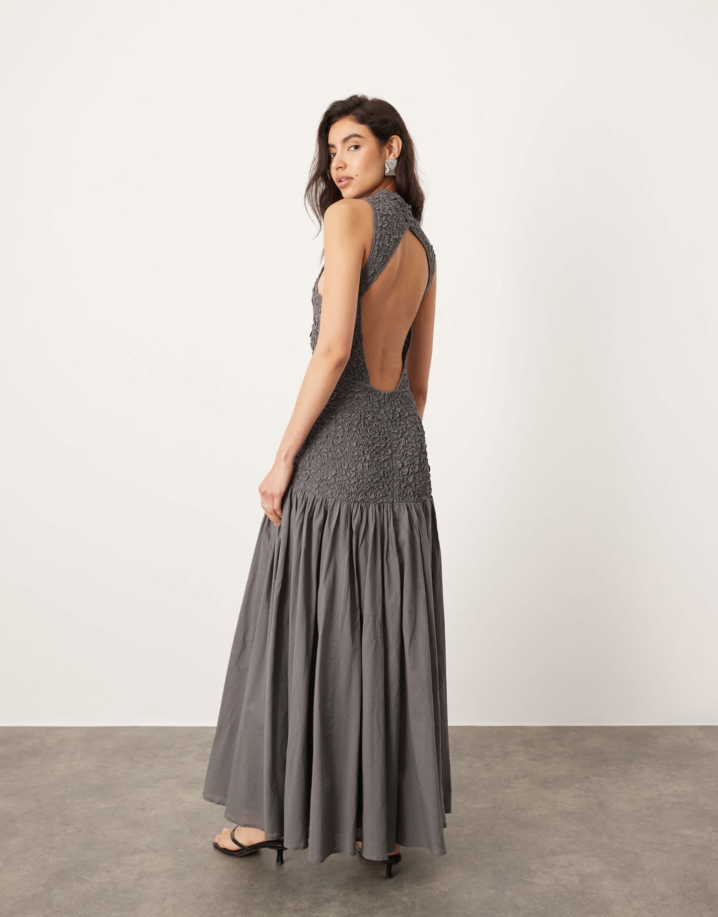 ASOS EDITION cotton shirred high neck midi dress with drop waist in charcoal