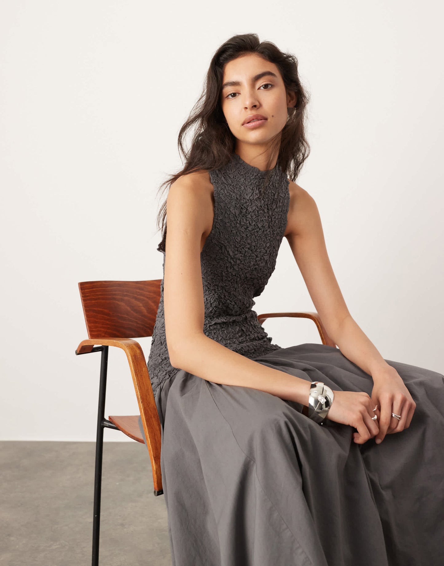 ASOS EDITION cotton shirred high neck midi dress with drop waist in charcoal