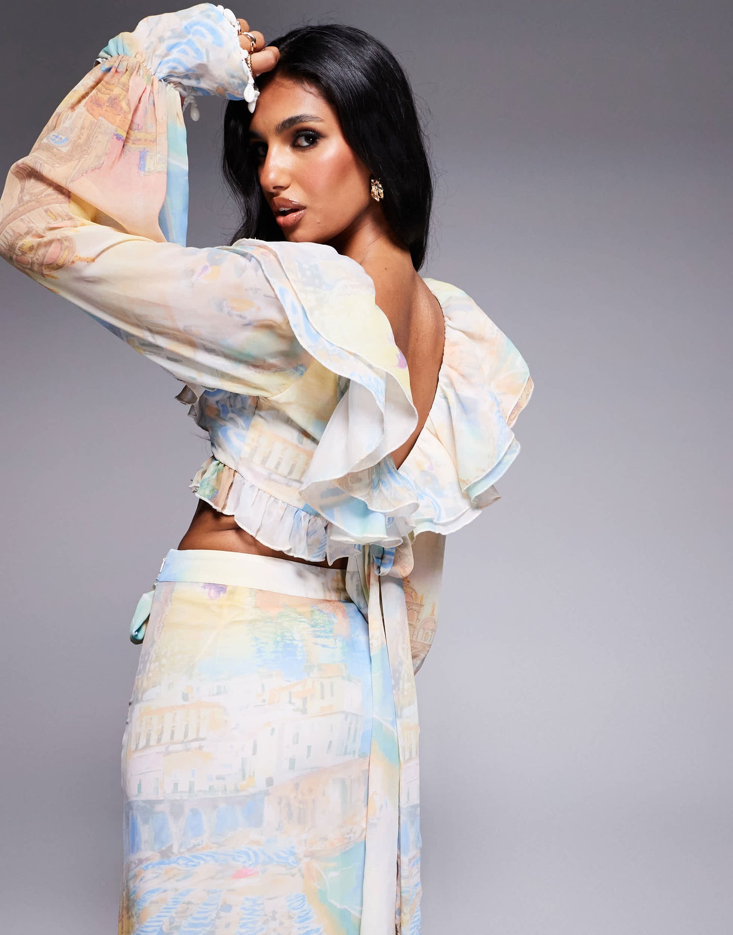 ASOS LUXE co-ord ruffle organza  top with shell trims in postcard print