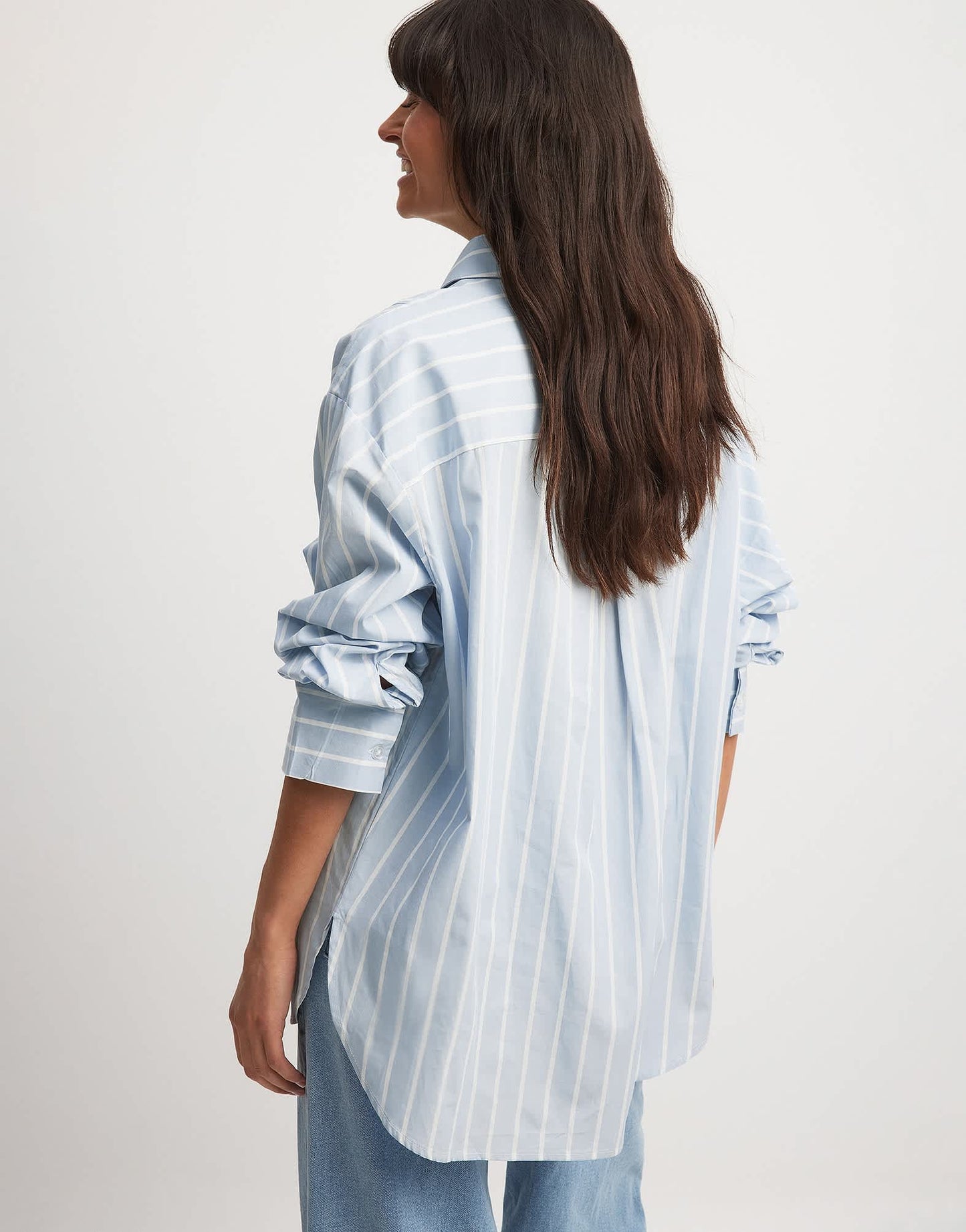 NA-KD x Laura Jane Stone oversized shirt with high cuffs in blue & white stripe