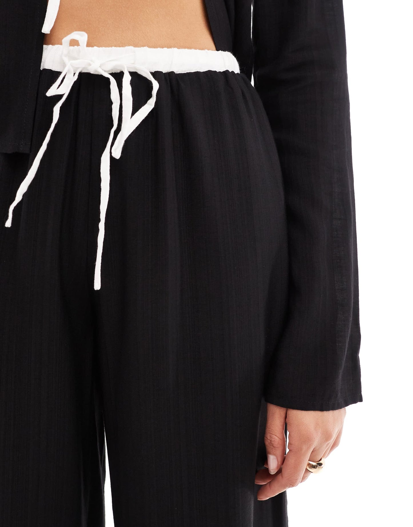Kaiia exclusive linen contrast trim wide leg drawstring beach trousers co-ord in black