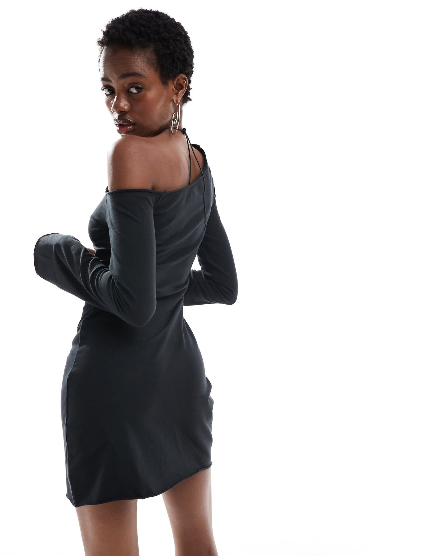COLLUSION one shoulder long sleeve mini dress in black