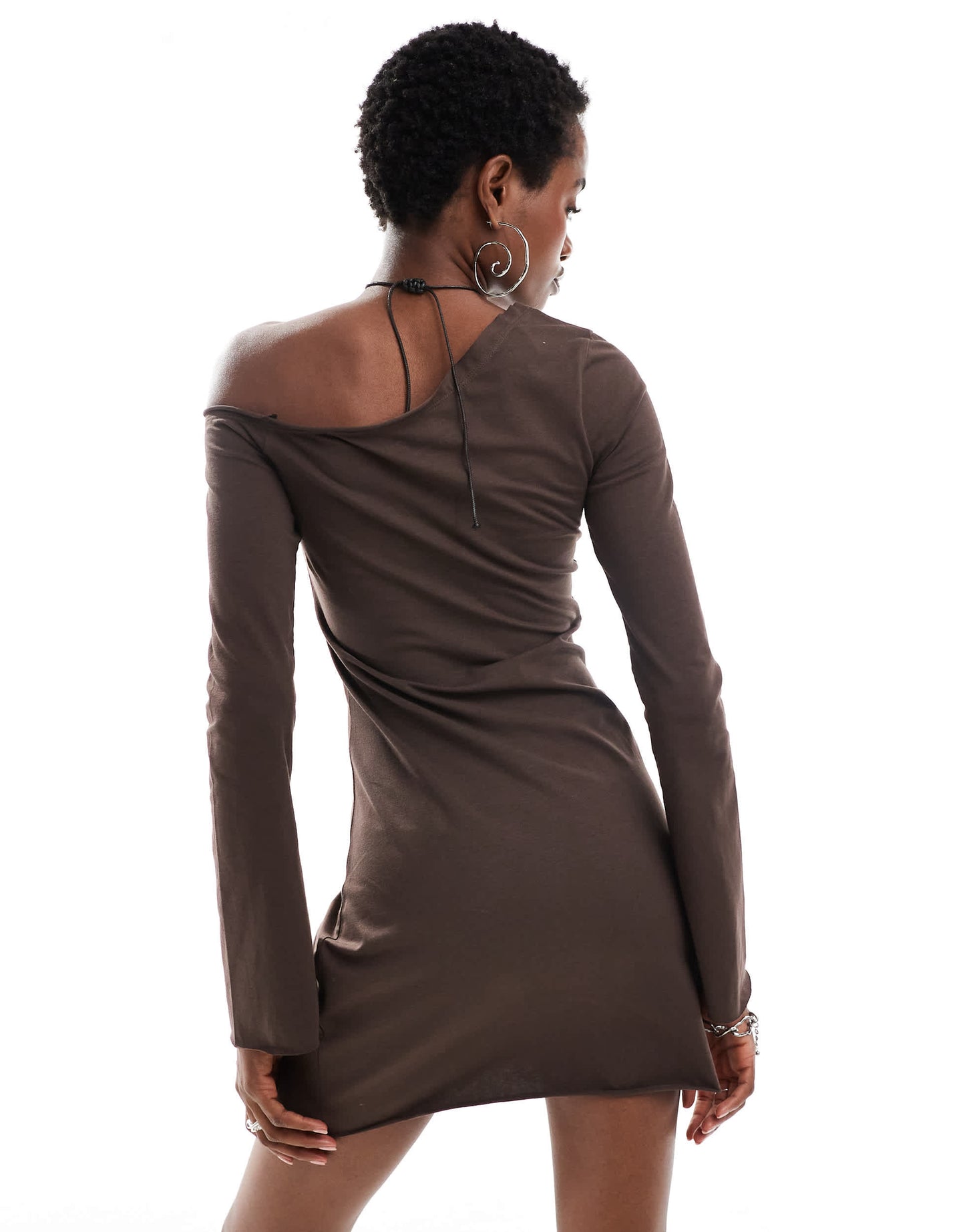 COLLUSION one shoulder long sleeve mini dress in brown