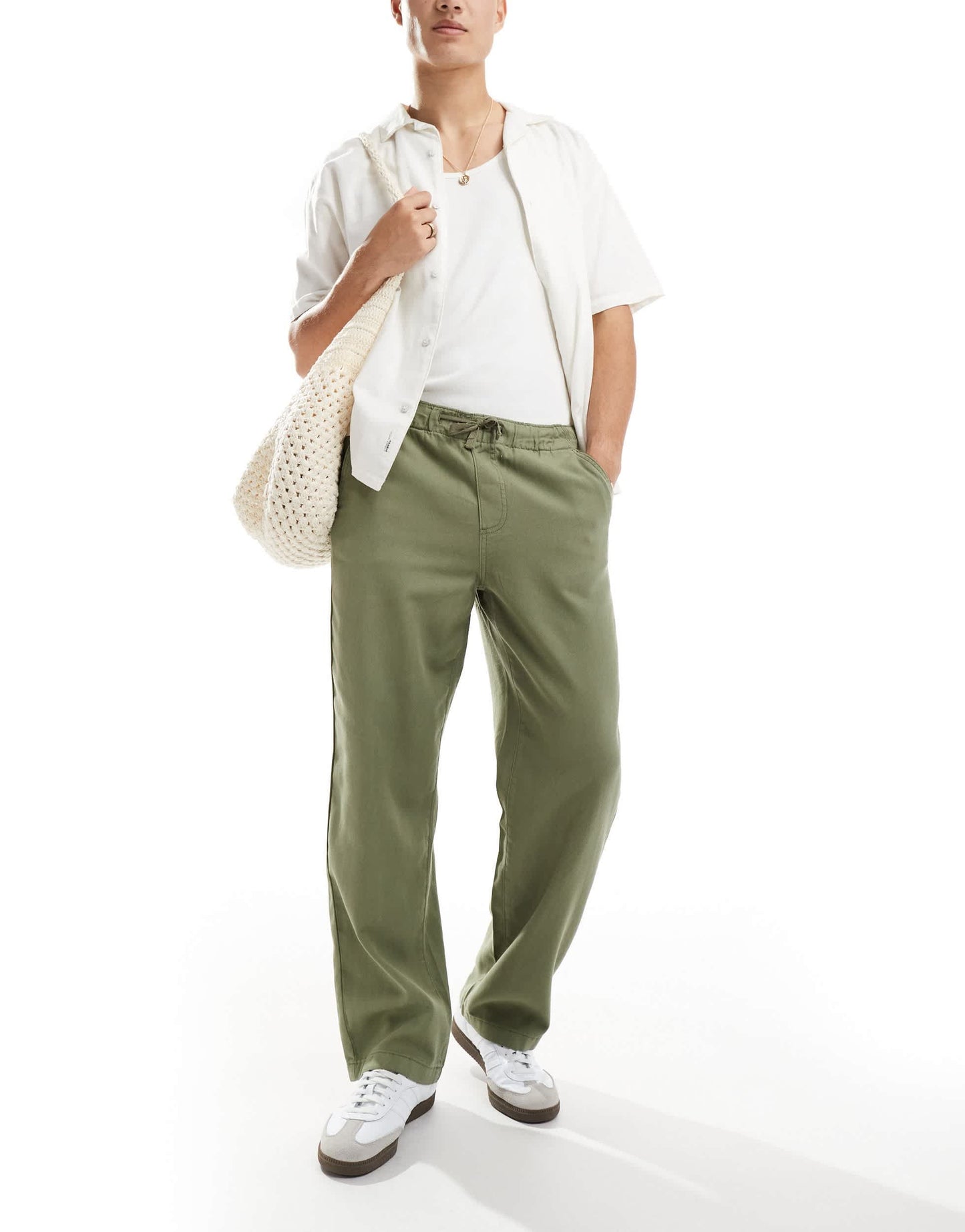 Selected linen mix loose fit trouser in khaki