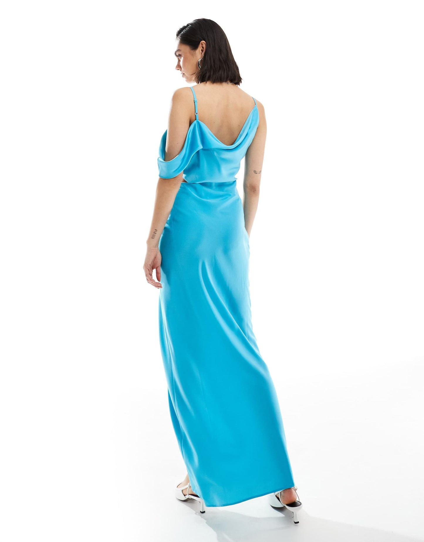 ASOS DESIGN satin asymmetric shoulder maxi dress with cut out detail in turquoise