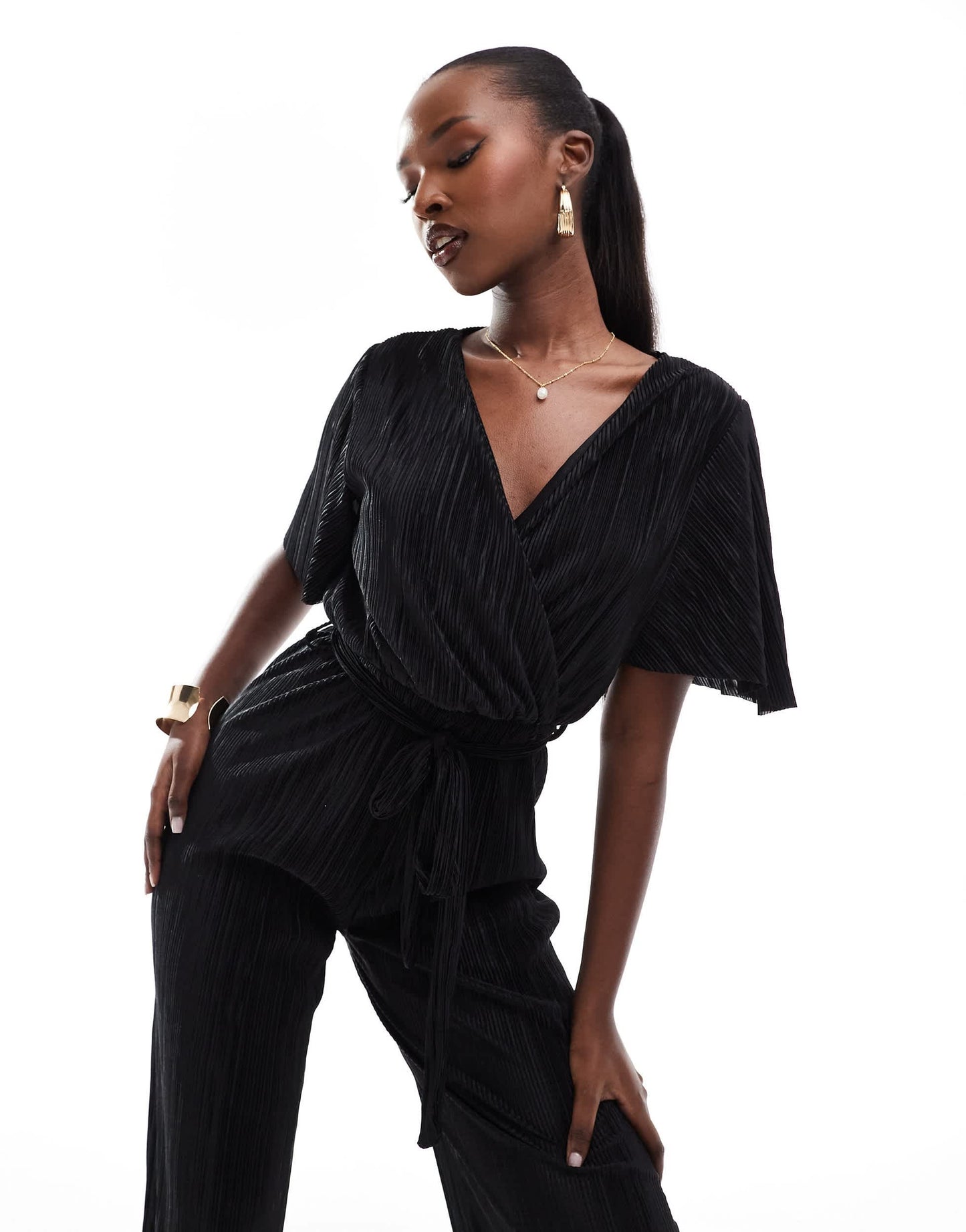 AX Paris short sleeve plisse wrap jumpsuit in black