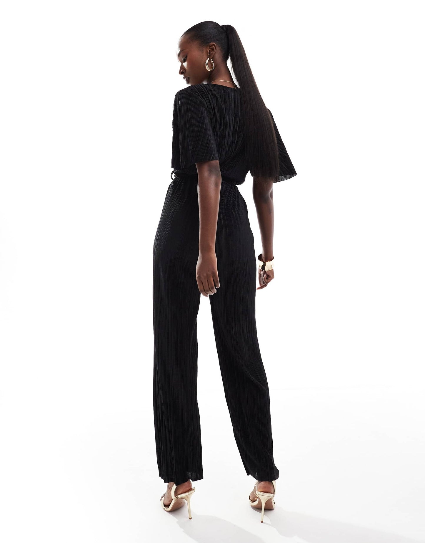 AX Paris short sleeve plisse wrap jumpsuit in black