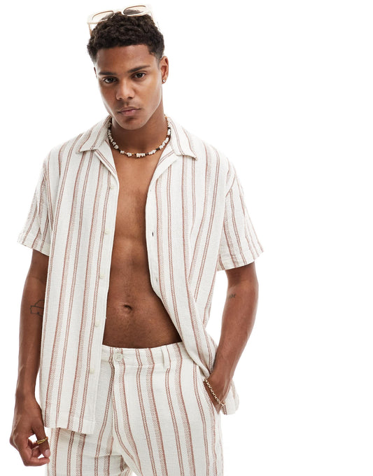 Selected co-ord oversized revere collar textured shirt in off white stripe