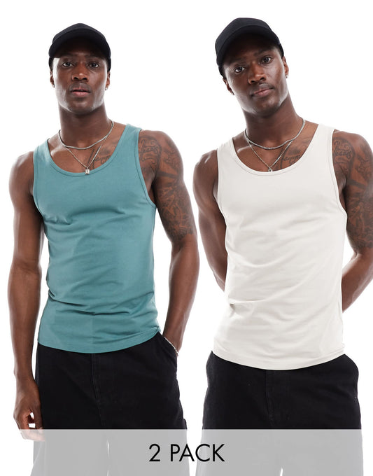 ASOS DESIGN essentials 2 pack muscle fit vests in stone and mid green