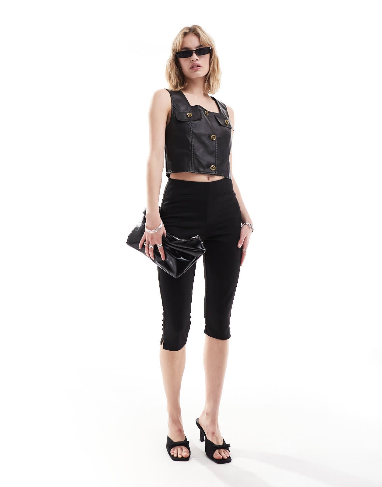 Lioness leather look square neck button through top in black