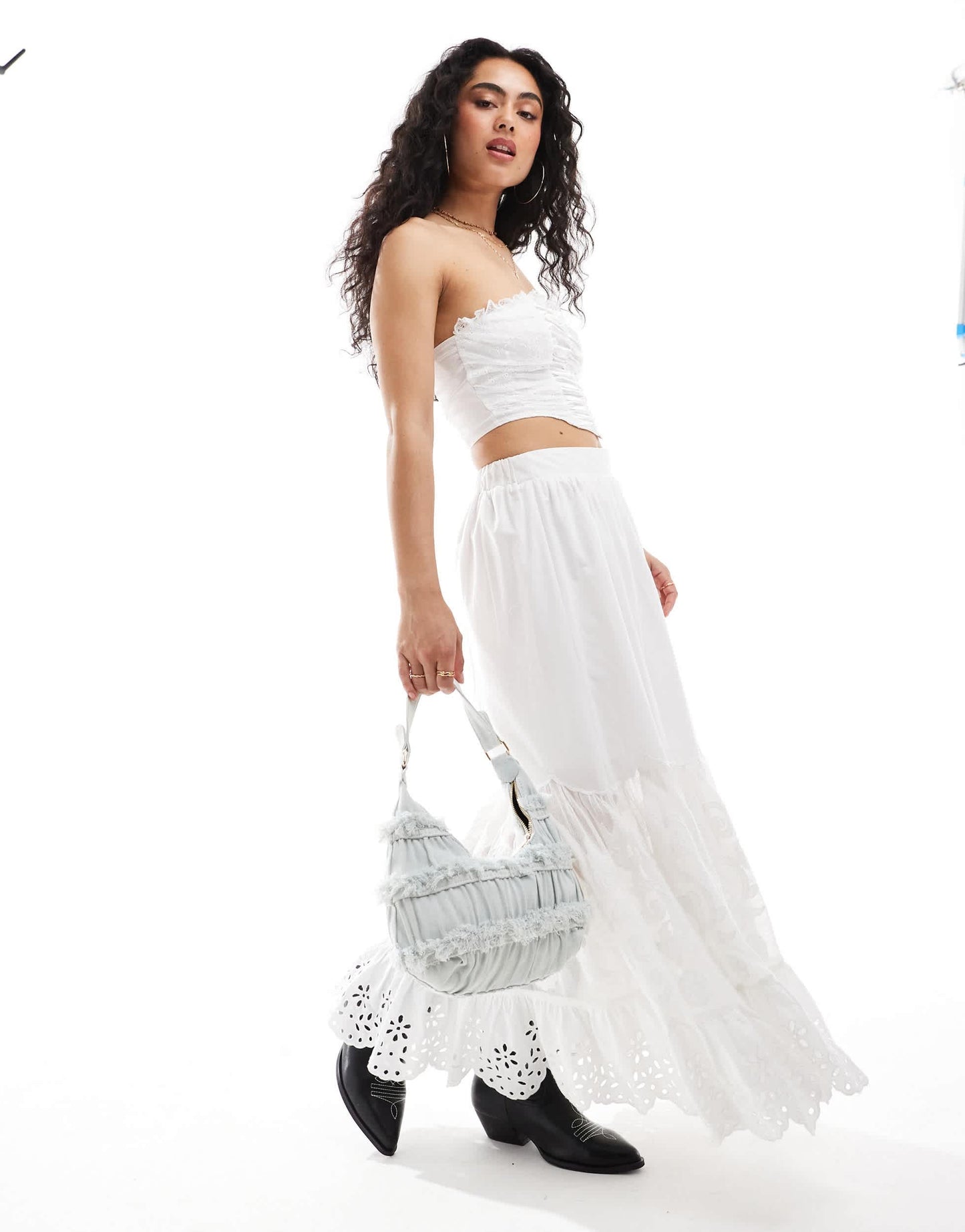 Miss Selfridge satin lace ruched bandeau top in cream