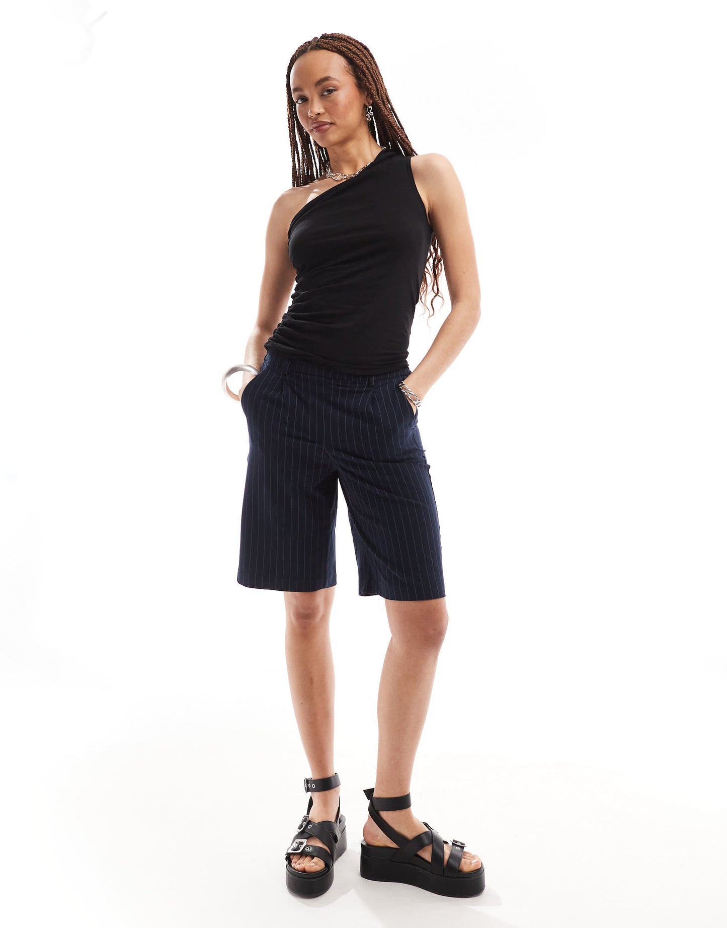 Weekday ruched one shoulder top in black