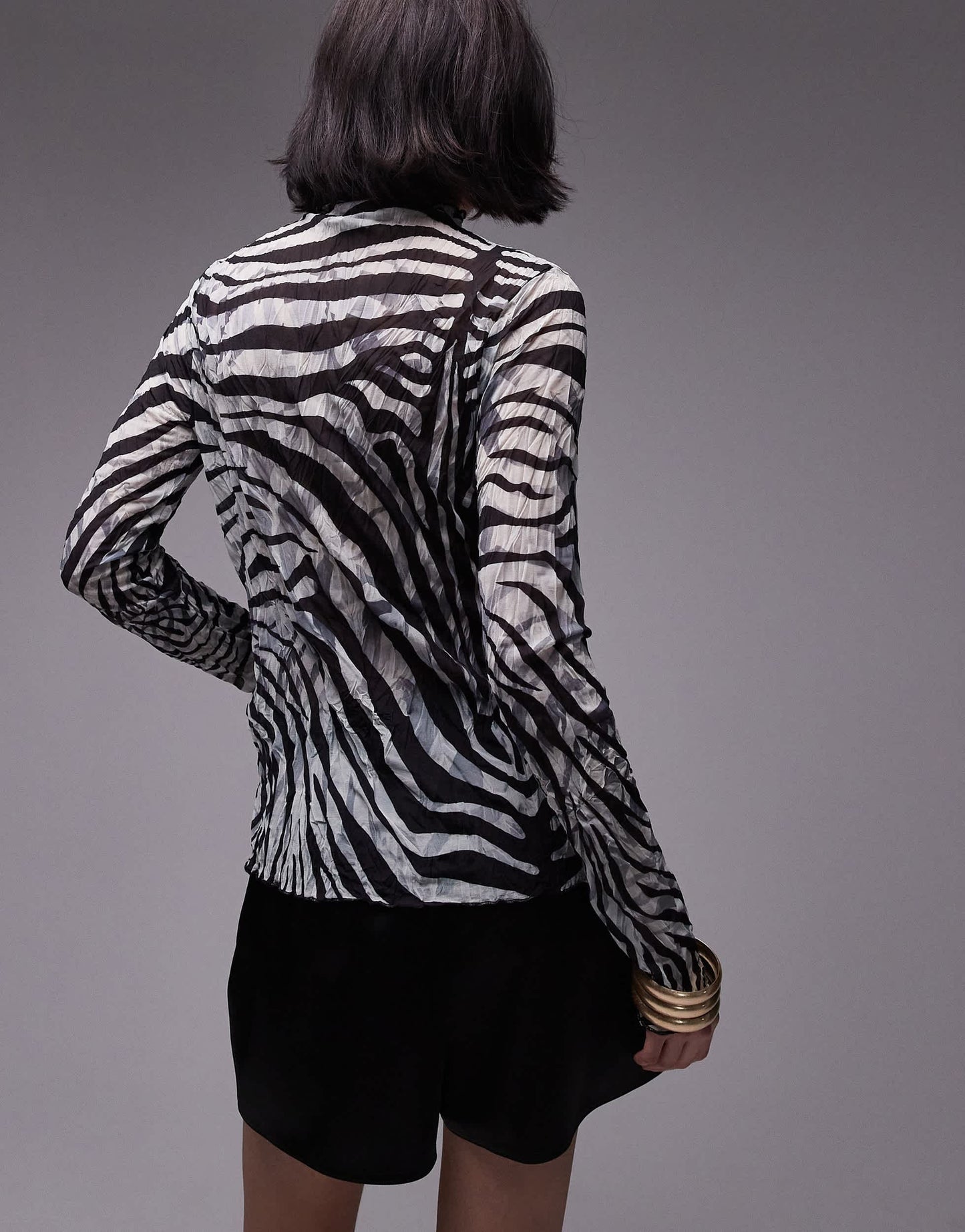 Topshop animal printed crinkle long sleeve high neck top in mono