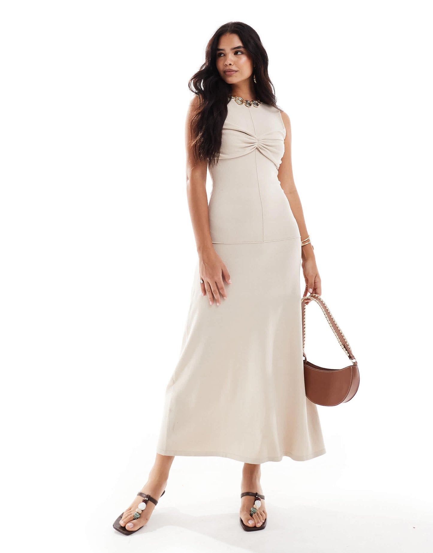 NA-KD knitted twist front maxi dress in beige