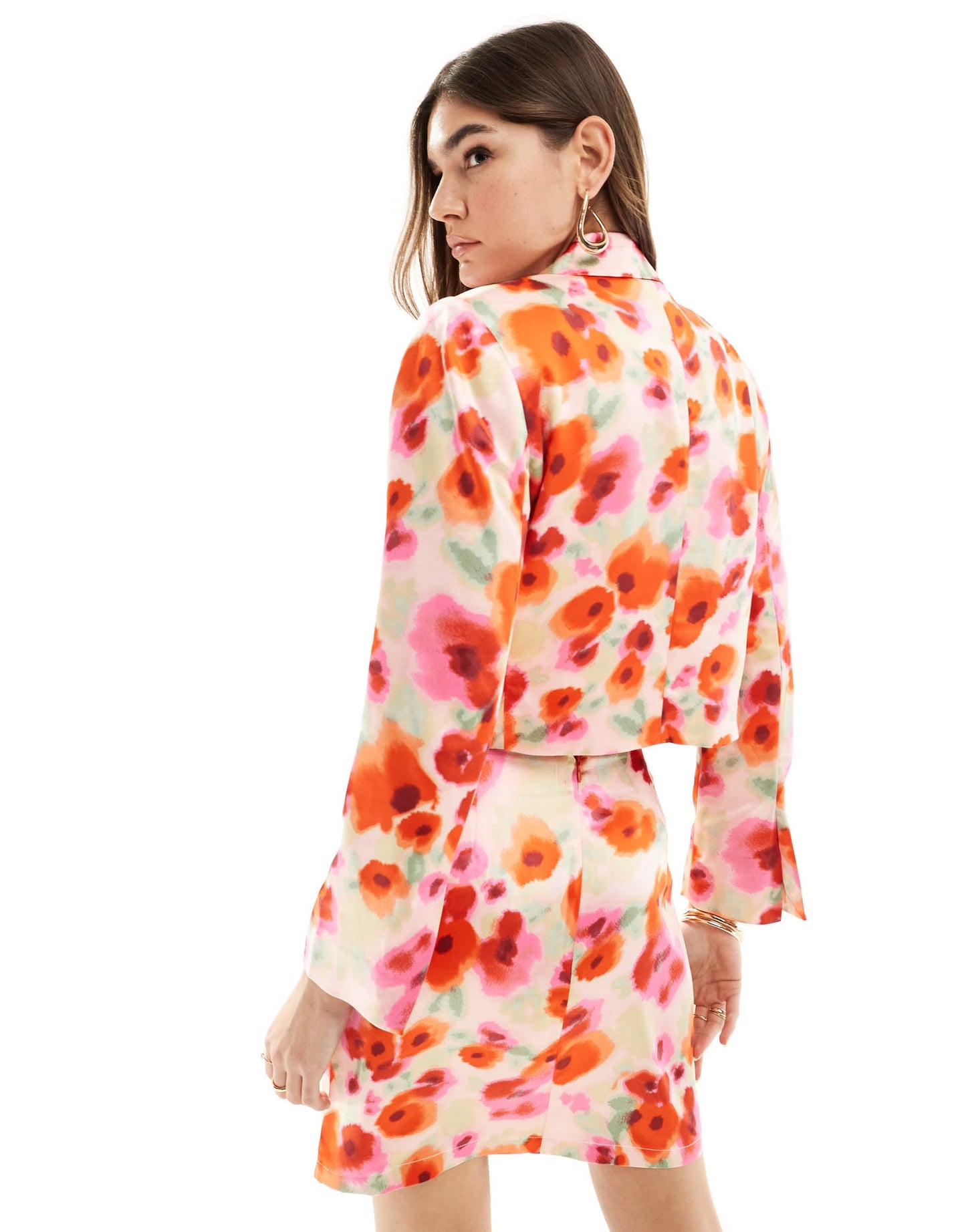 Vila satin cropped blazer co-ord in poppy red floral