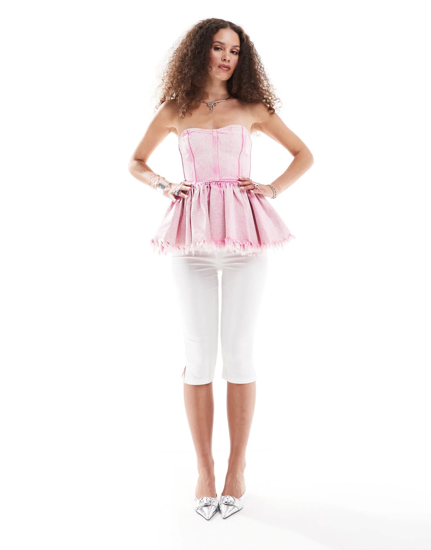 Monki denim bandeau tube top with ruffle hem in pink tie dye