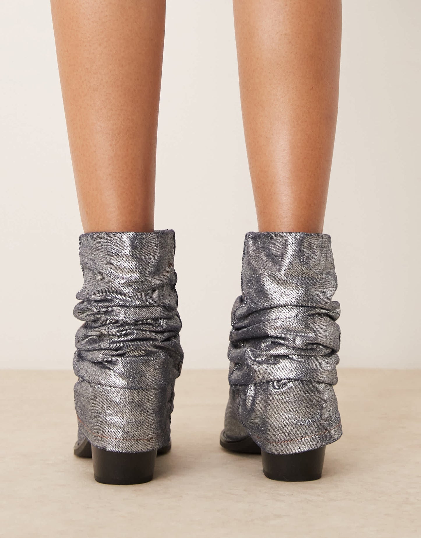 Glamorous ruched western ankle boots in denim shimmer