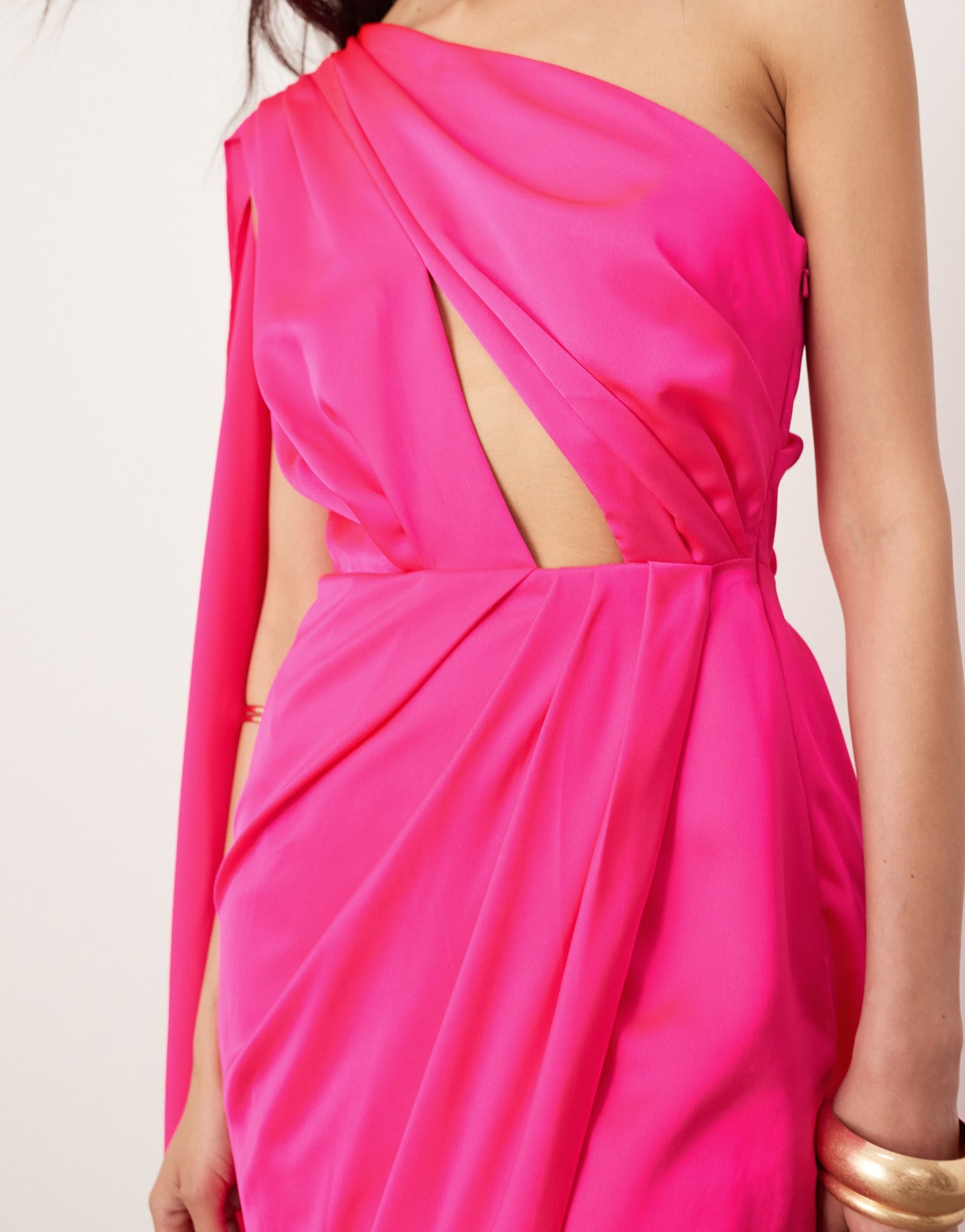 ASOS EDITION satin one shoulder flare sleeve maxi dress with ruched waist detail in pink