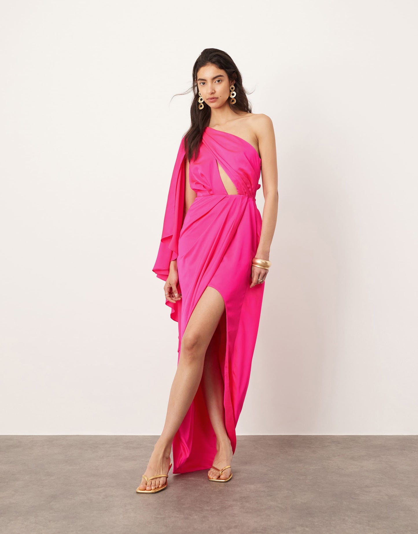 ASOS EDITION satin one shoulder flare sleeve maxi dress with ruched waist detail in pink