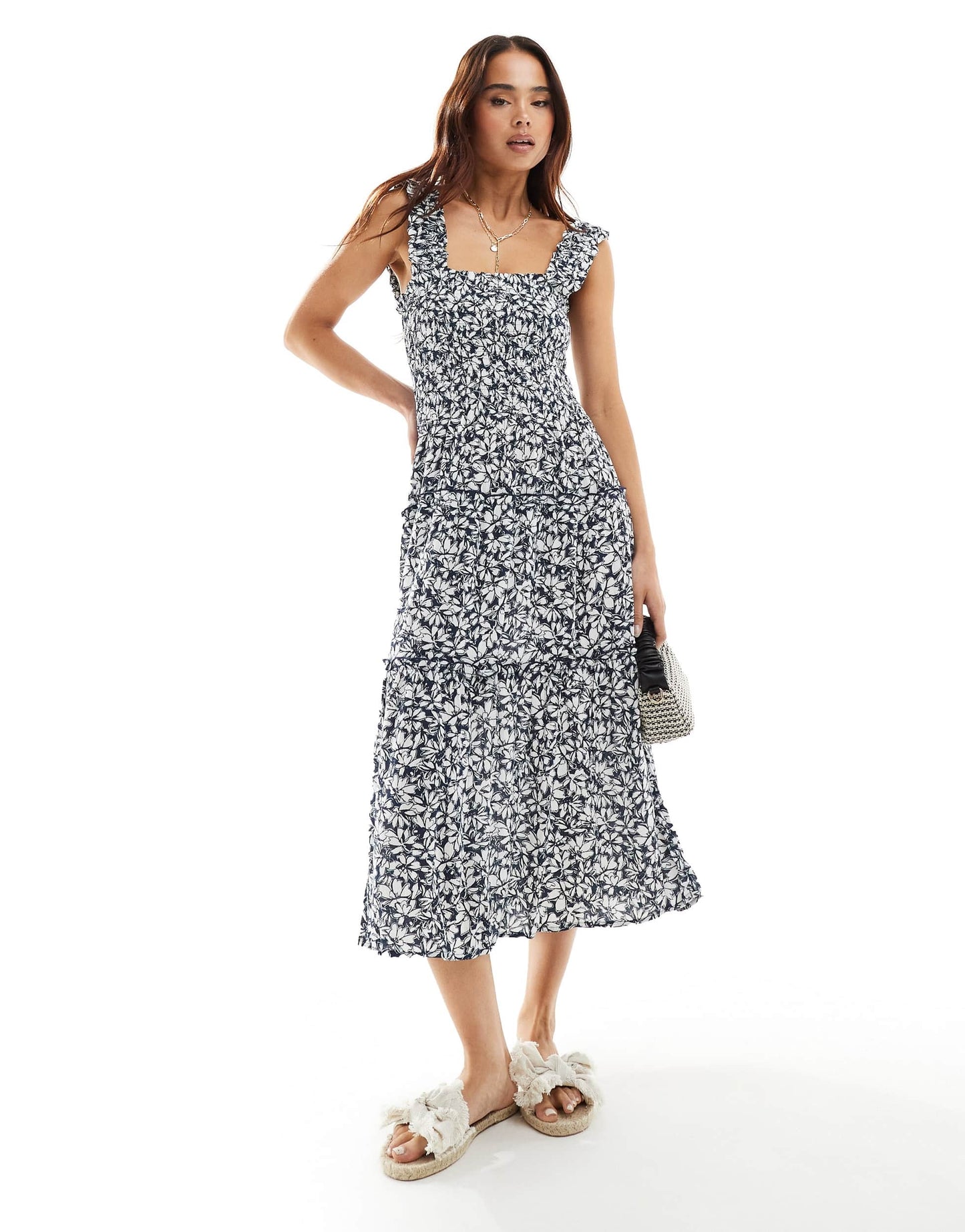 Vero Moda shirred cami midi dress in navy blue floral