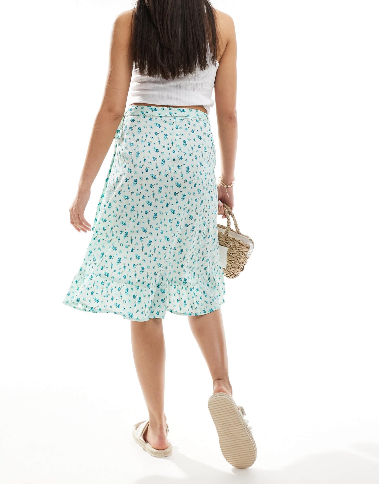 Vero Moda wrap front midi skirt in light blue floral