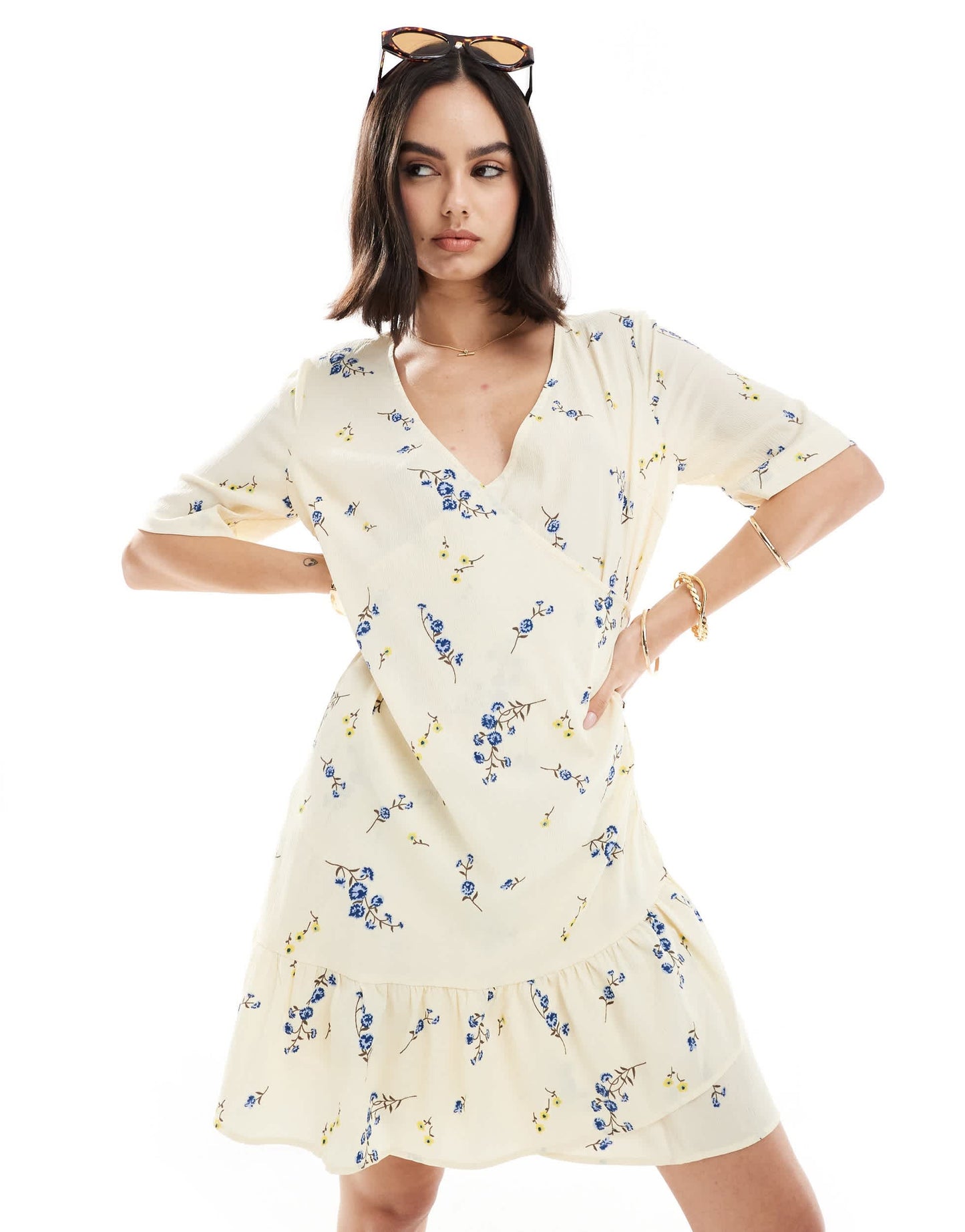 Vero Moda wrap front mini dress in light yellow floral