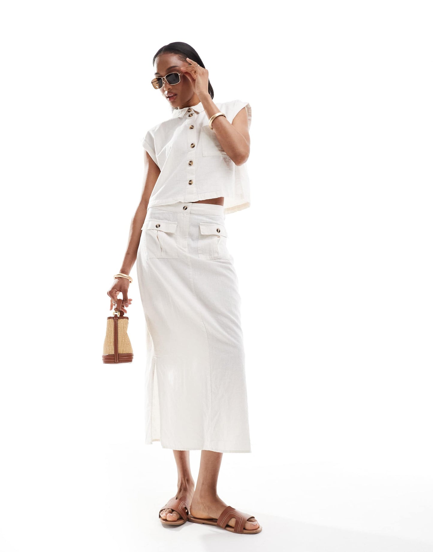 Vero Moda Tall linen midi skirt co-ord in off white