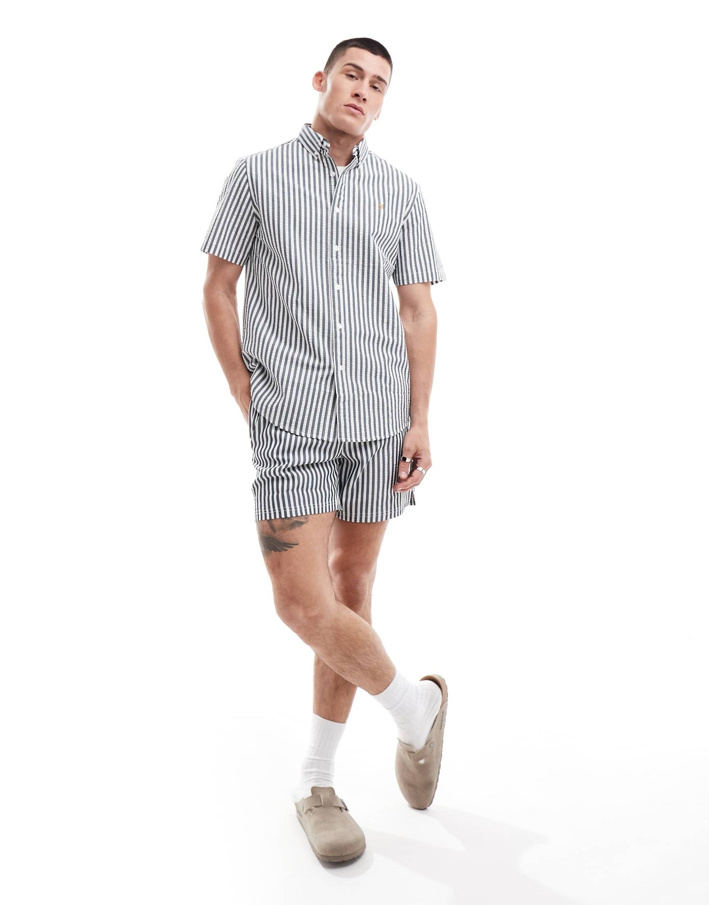 Farah textured stripe short sleeve shirt in white