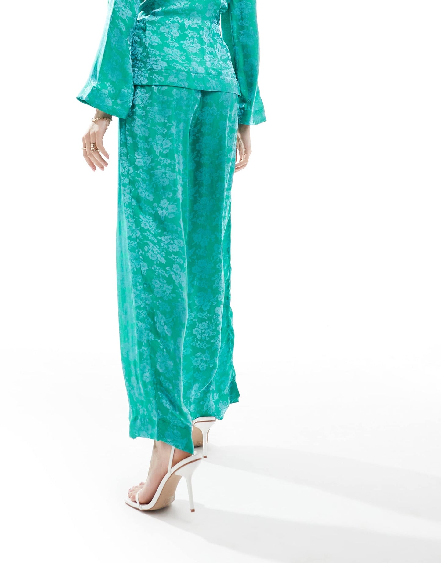 YAS satin wide leg trosuers co-ord in teal jacquard floral - TURQUOISE