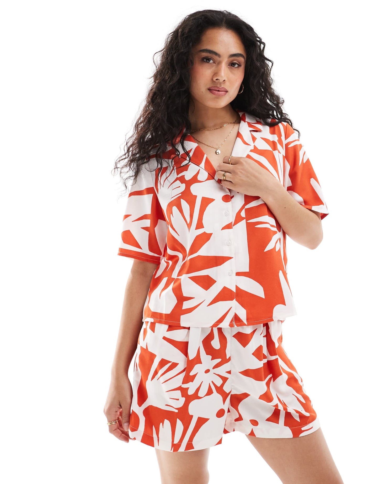 ONLY bowling shirt co-ord in red abstract flower print