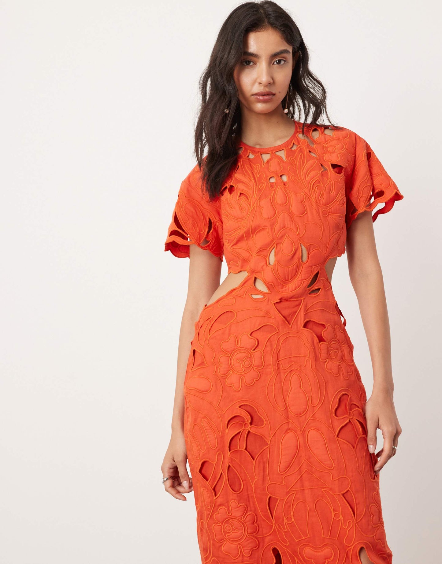 ASOS EDITION floral cut work cut out waist midi dress in red