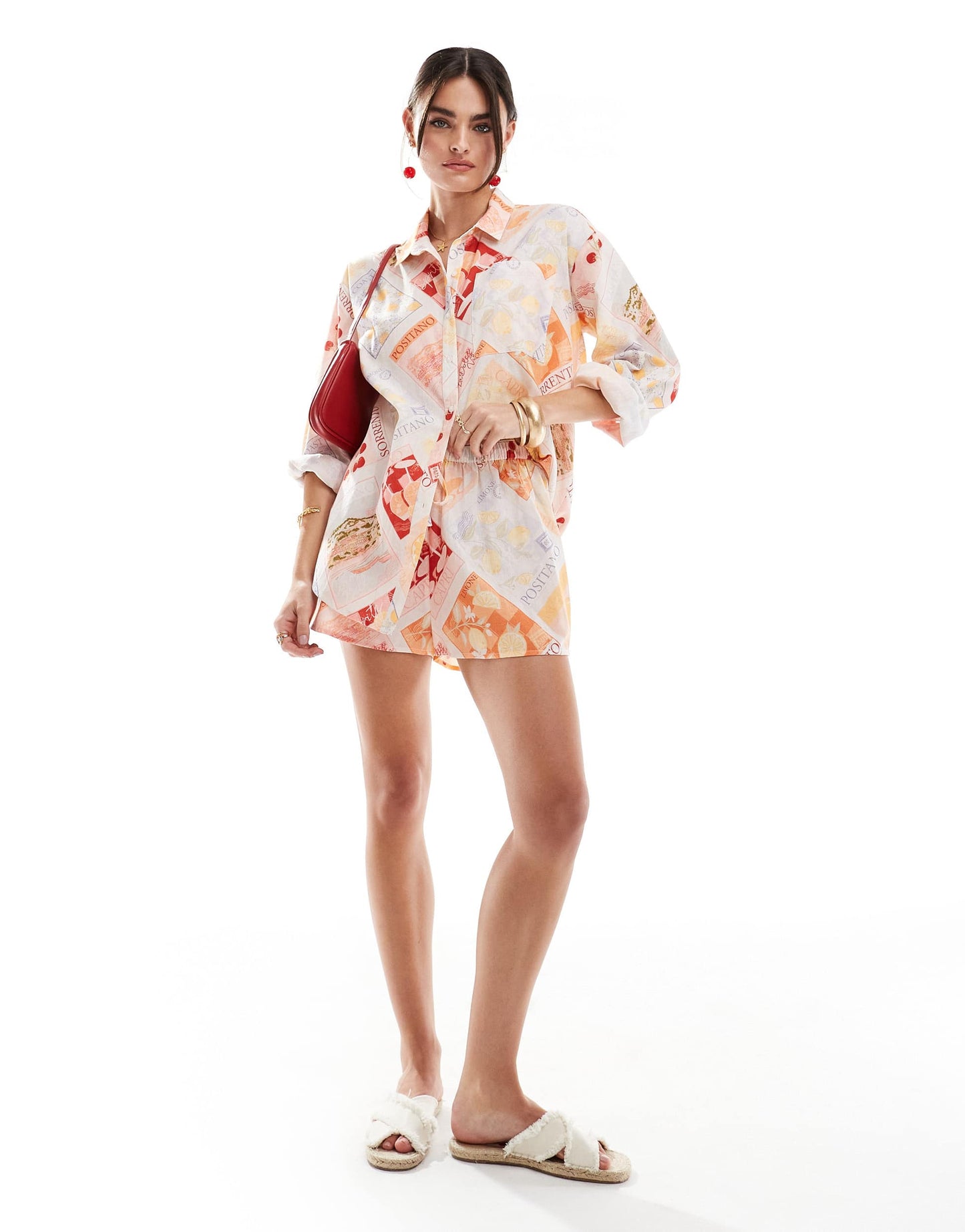 Miss Selfridge linen blend pull on short in postcard print co ord