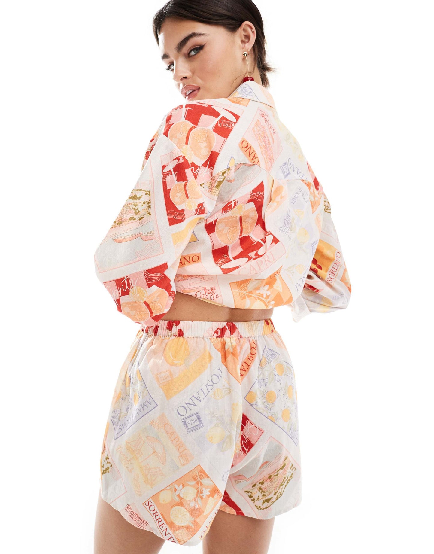 Miss Selfridge linen blend pull on short in postcard print co ord