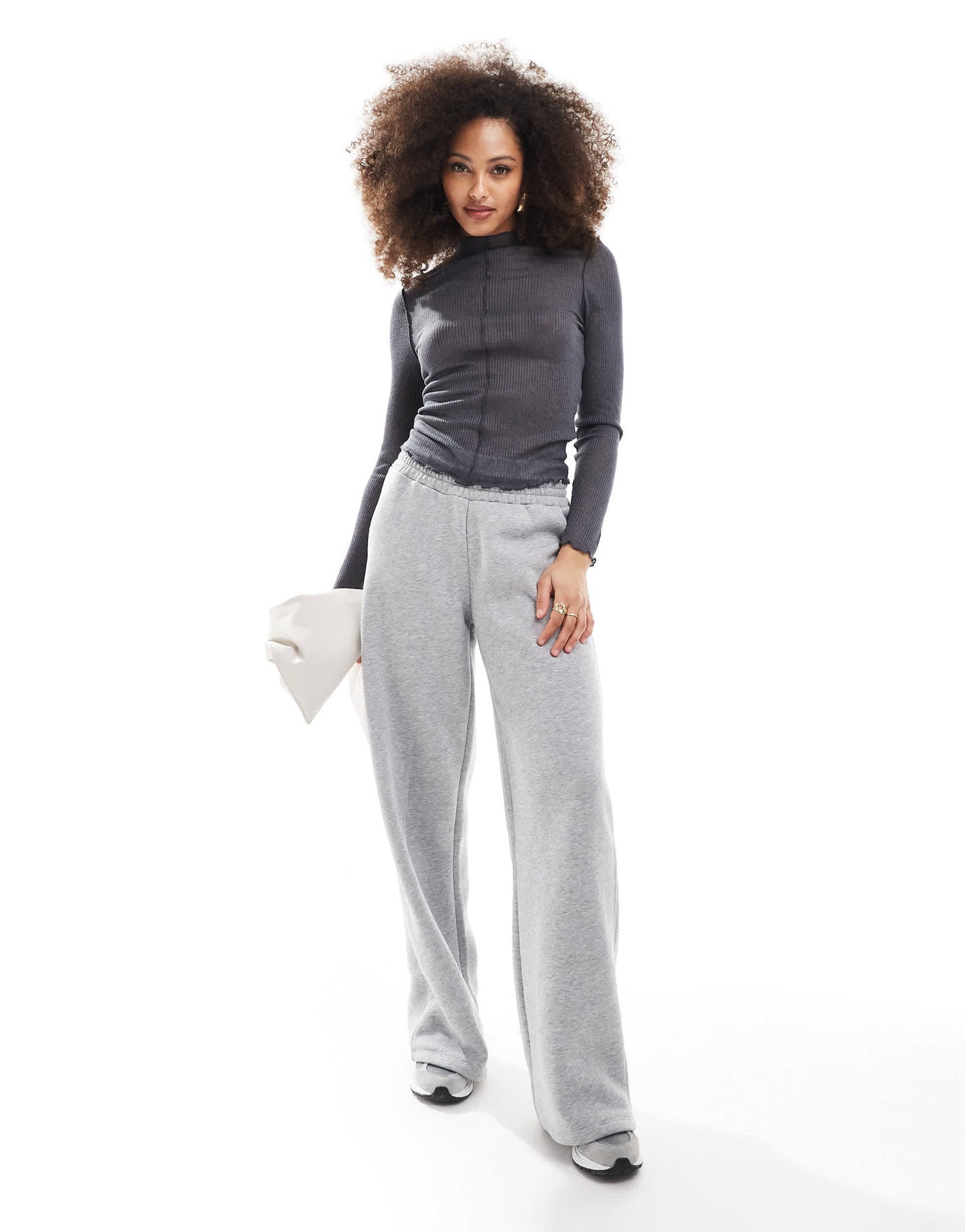 Pimkie seam detail high neck lettuce edge top in charcoal