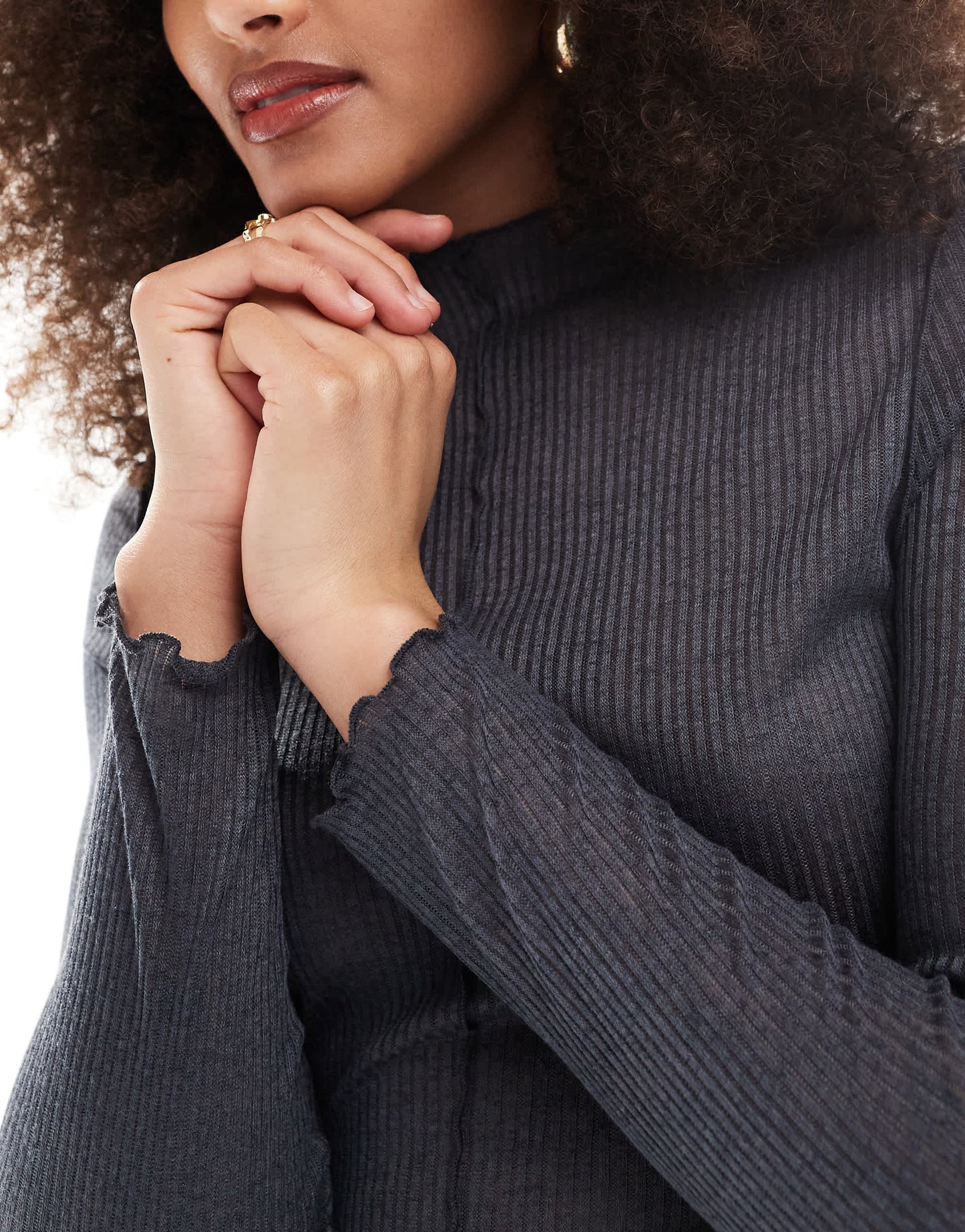 Pimkie seam detail high neck lettuce edge top in charcoal