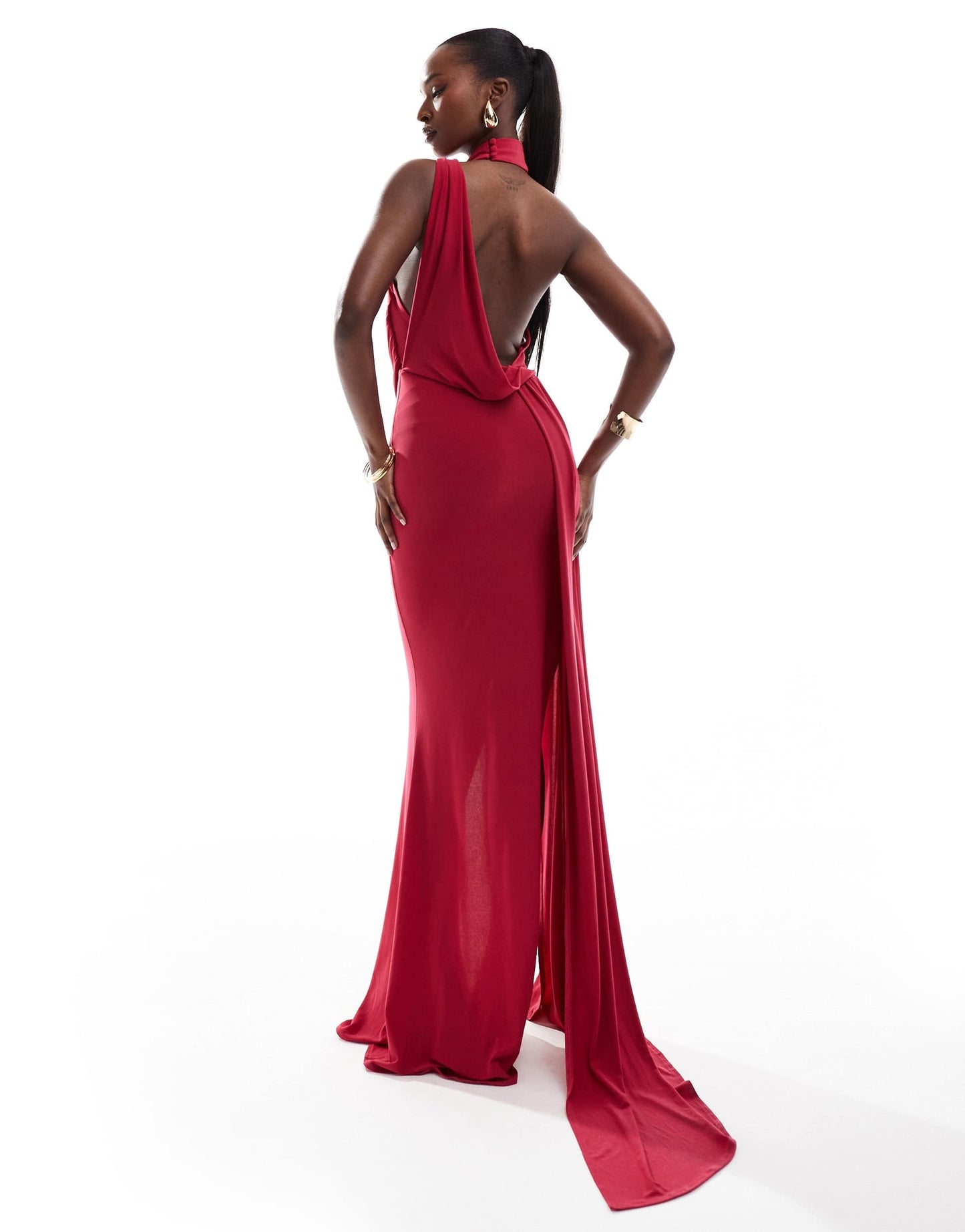 ASOS DESIGN one shoulder draped maxi dress with tie detail in raspberry