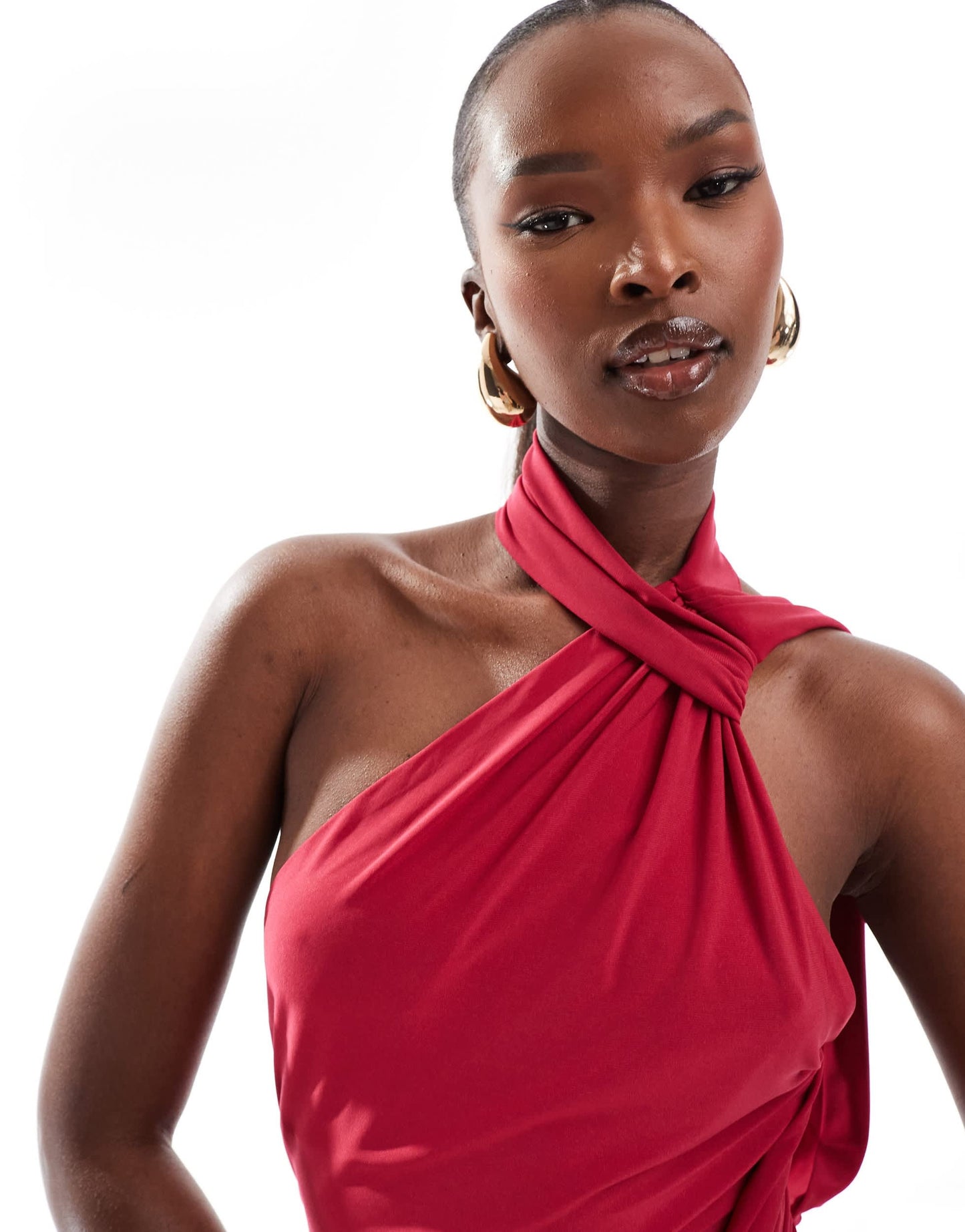 ASOS DESIGN one shoulder draped maxi dress with tie detail in raspberry