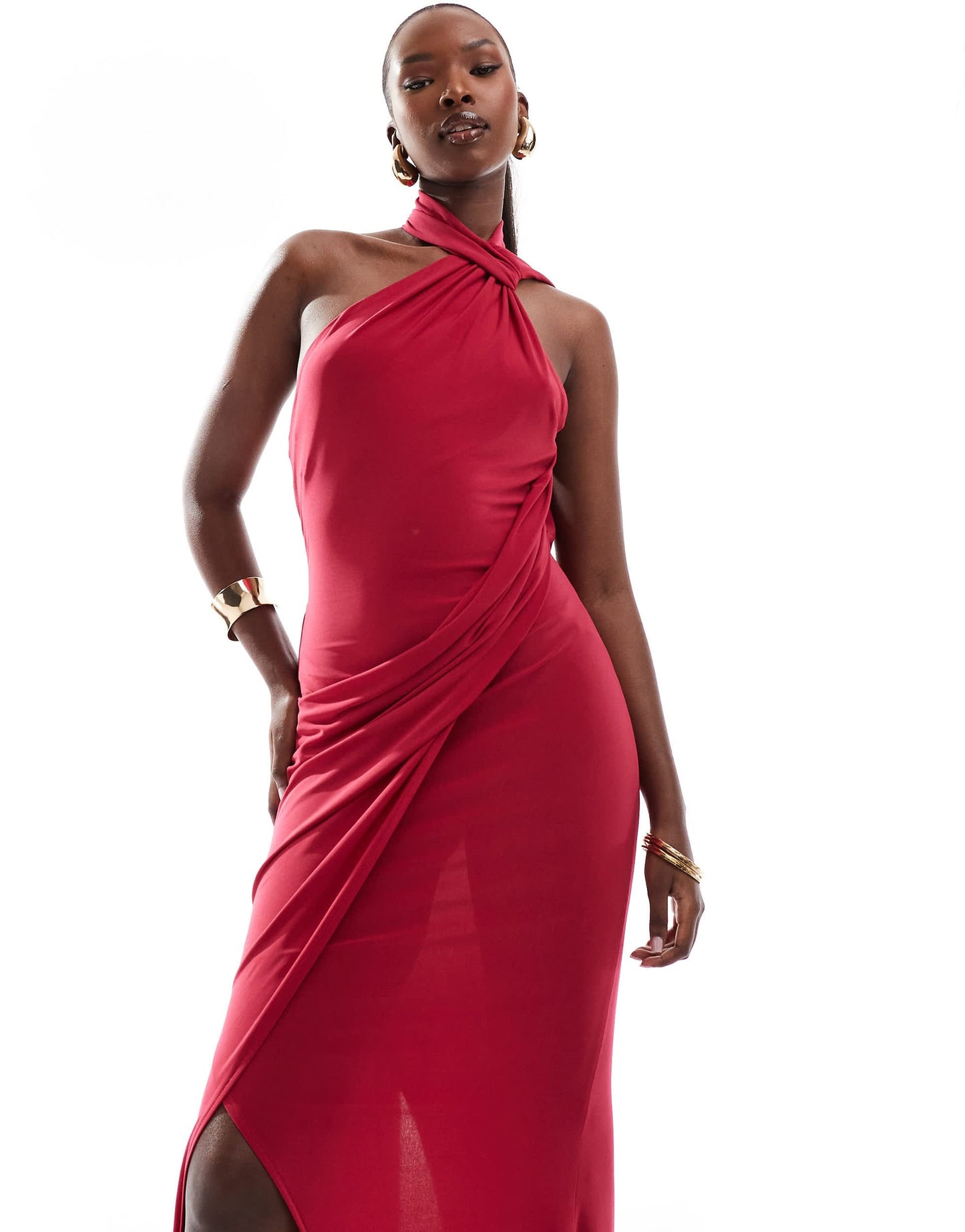ASOS DESIGN one shoulder draped maxi dress with tie detail in raspberry