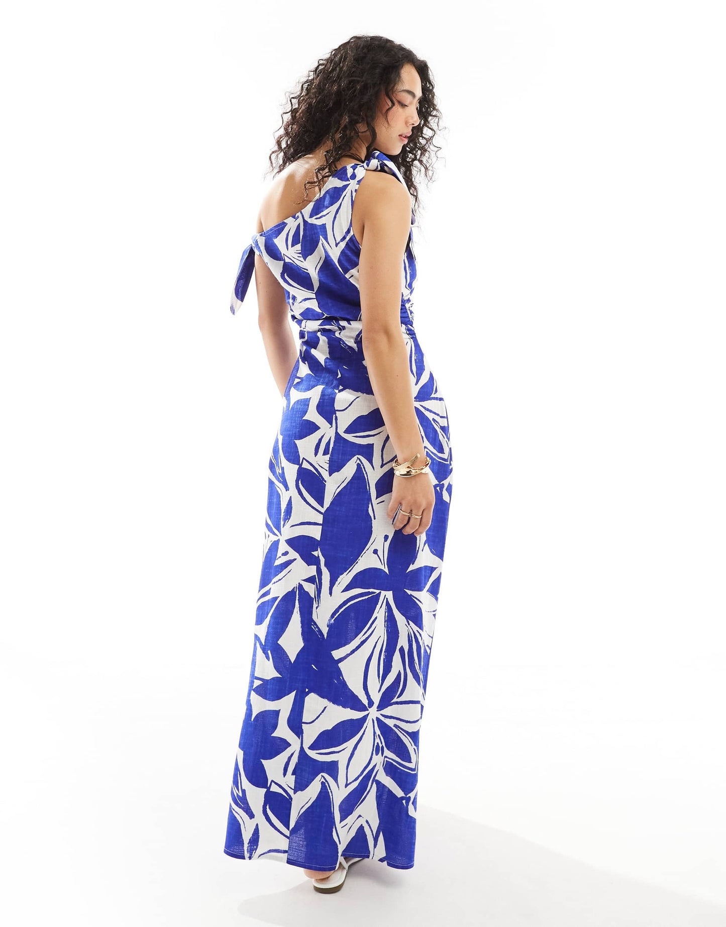 ASOS DESIGN off shoulder linen maxi dress with knot detail in abstract print