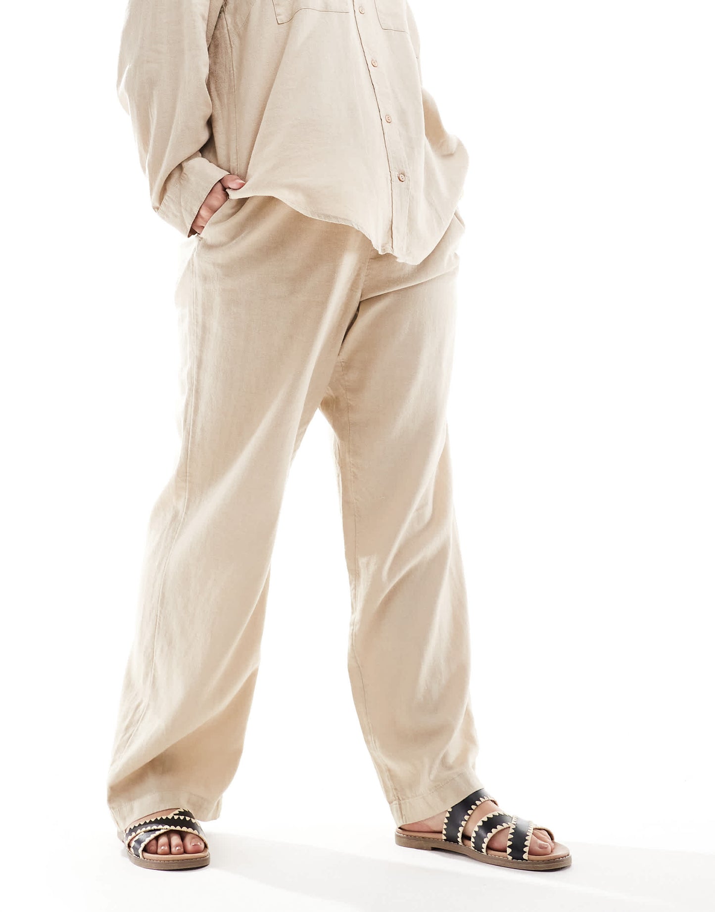 ONLY Curve linen mix pull on trousers co-ord in beige
