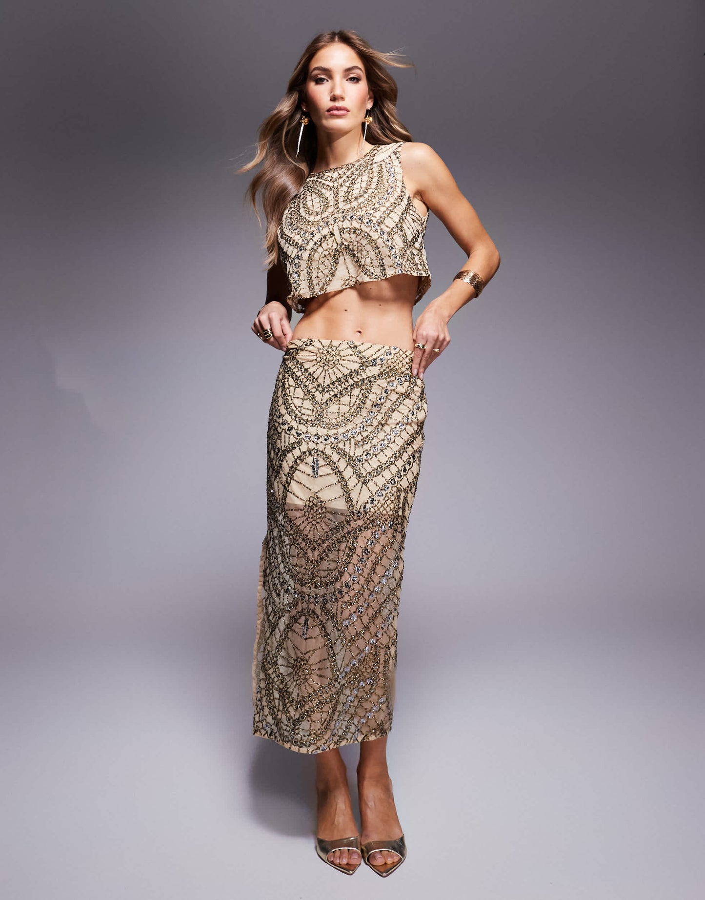 ASOS DESIGN embellished crop top co-ord in gold