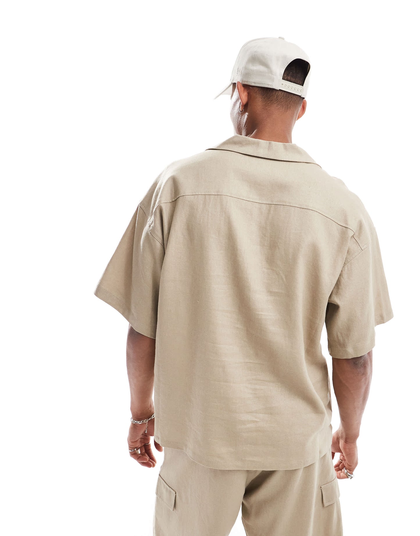 ADPT oversized linen mix revere collar shirt in beige