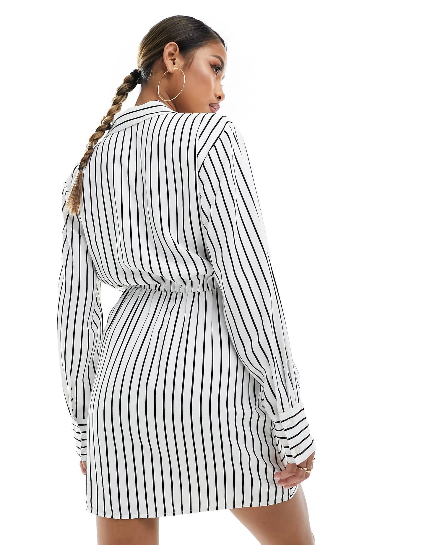 Abercrombie & Fitch long sleeve draped striped shirt dress in white
